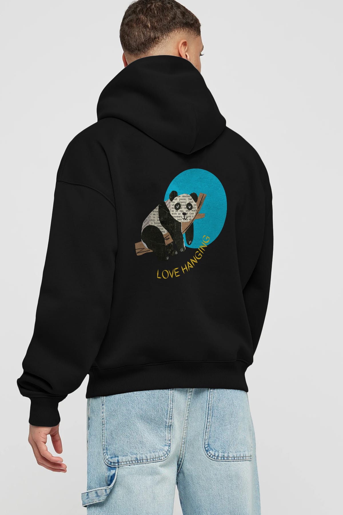 Panda Love Hanging Arka Baskılı Oversize Hoodie Kapüşonlu Sweatshirt Erkek Kadın Unisex