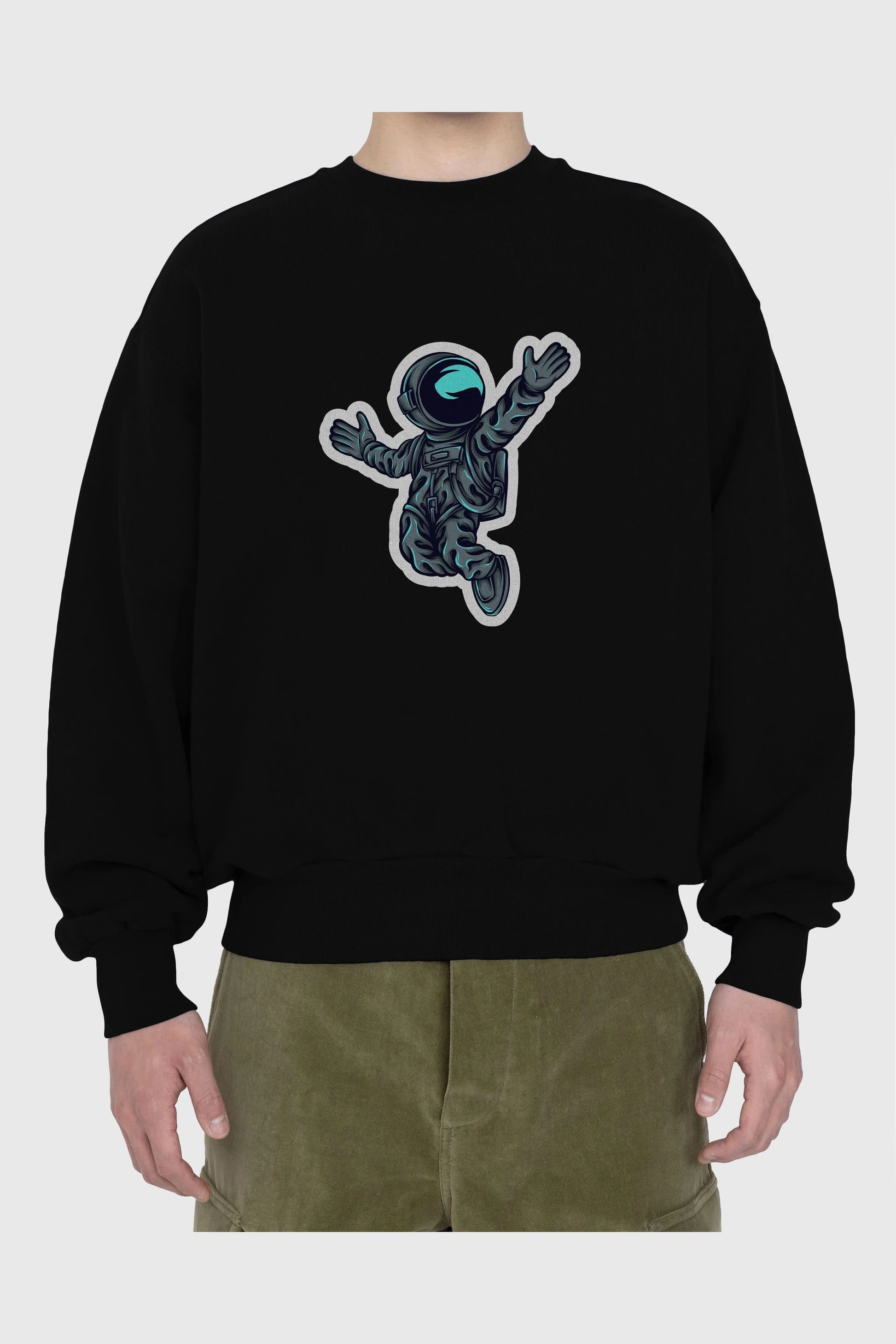 Happy Astronaut Sticker Ön Baskılı Oversize Sweatshirt Erkek Kadın Unisex