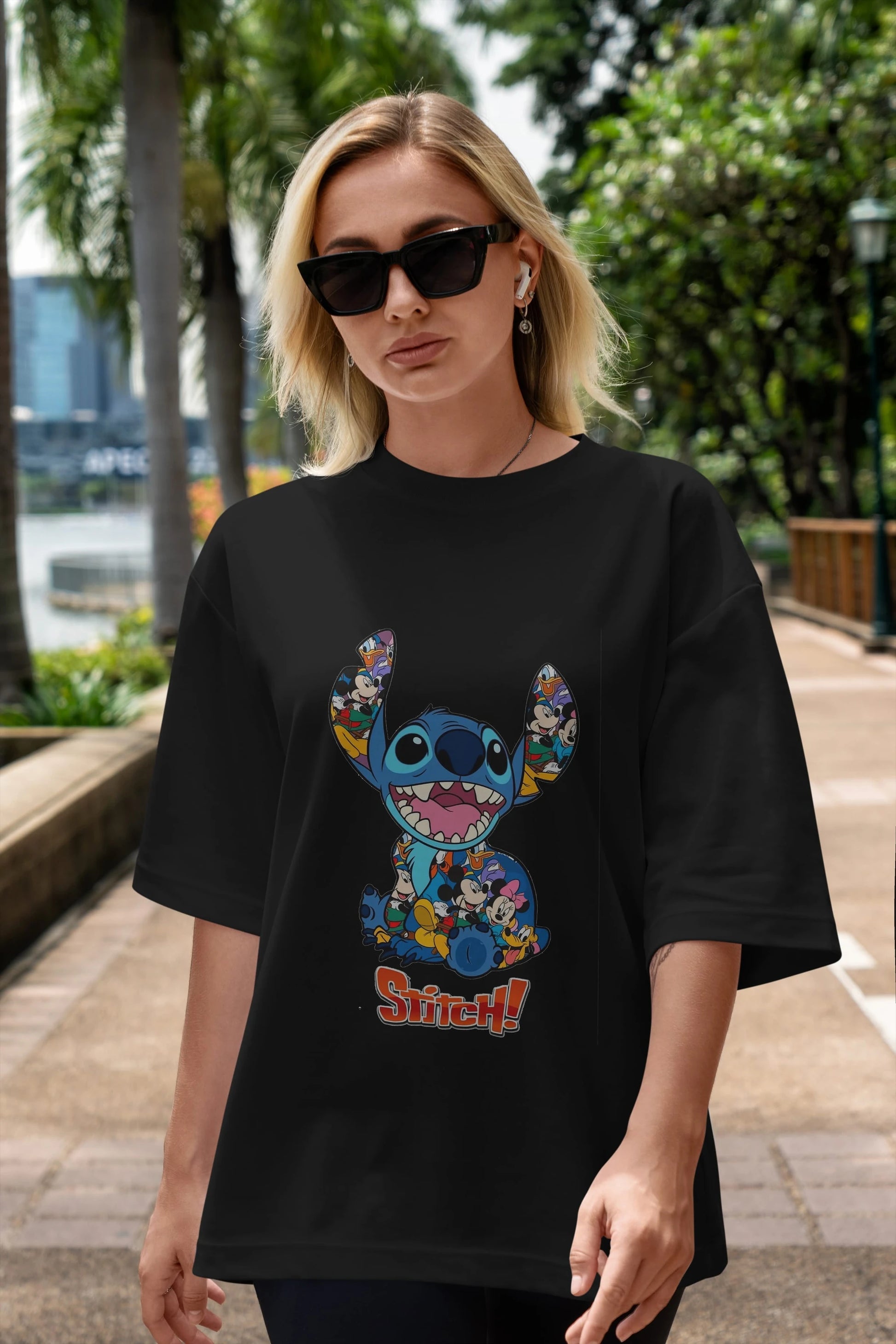 Stitch Ön Baskılı Oversize t-shirt Erkek Kadın Unisex %100 Pamuk Bisiklet Yaka tişort