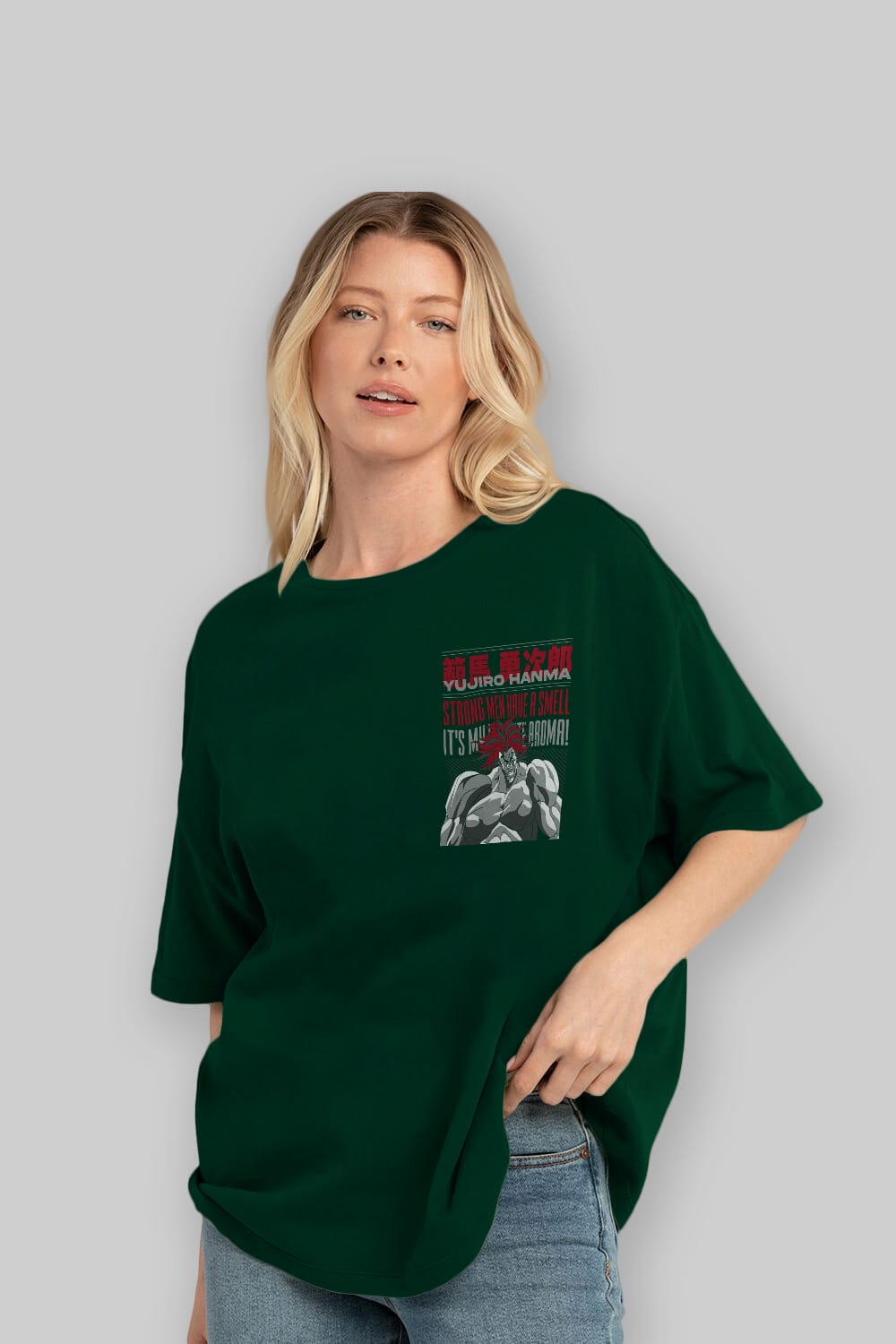 YUJIRO HANMA Ön Sol Baskılı Oversize t-shirt Erkek Kadın Unisex %100 Pamuk Bisiklet Yaka tişort
