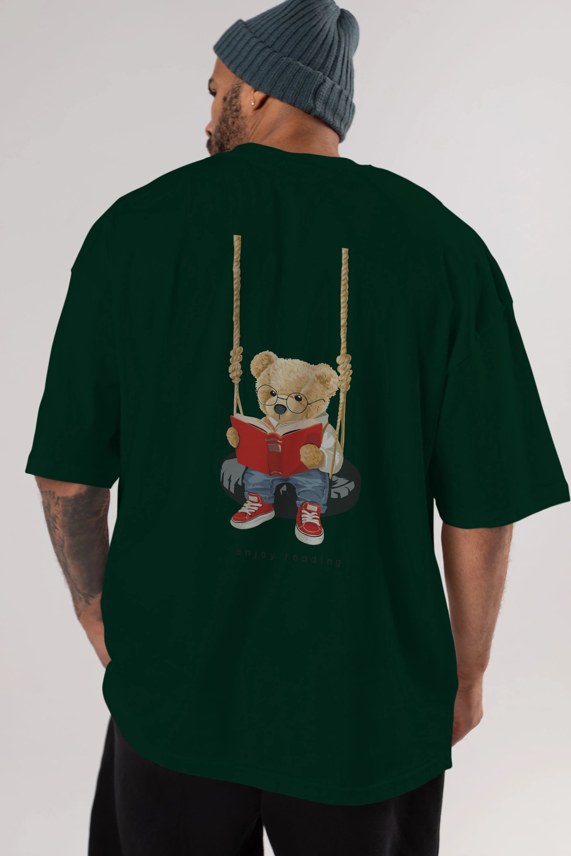 Teddy Bear Enjoy Reading Arka Baskılı Oversize t-shirt Erkek Kadın Unisex %100 Pamuk