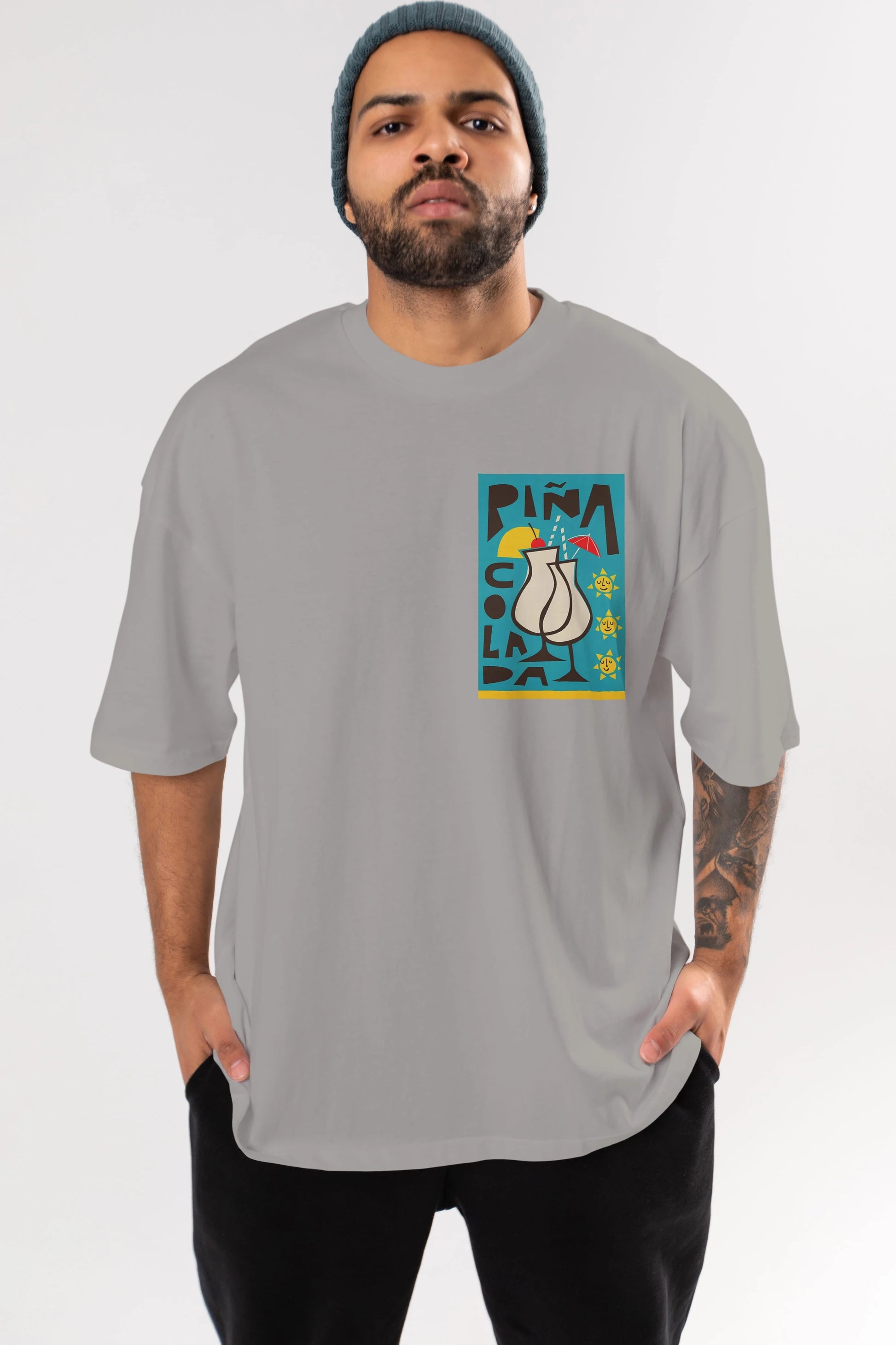 Pina Colada 4 Ön Sol Baskılı Oversize t-shirt Erkek Kadın Unisex %100 Pamuk Bisiklet Yaka tişort