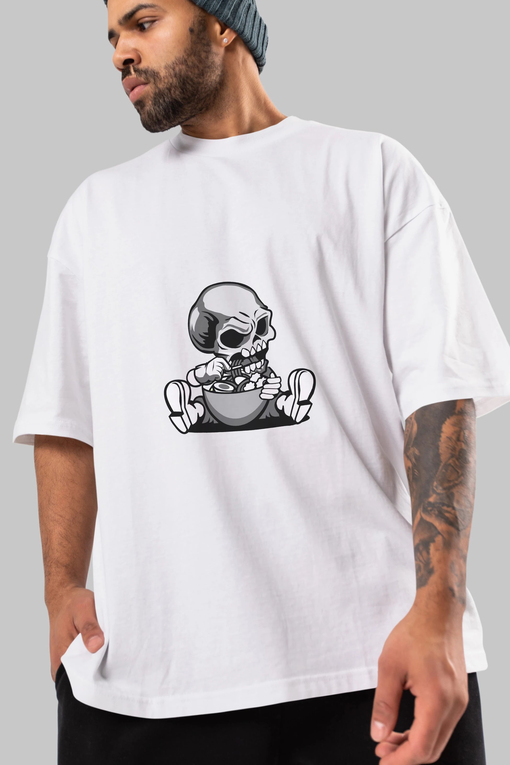 Skull Eat Ramen Ön Baskılı Oversize t-shirt Erkek Kadın Unisex %100 Pamuk tişort