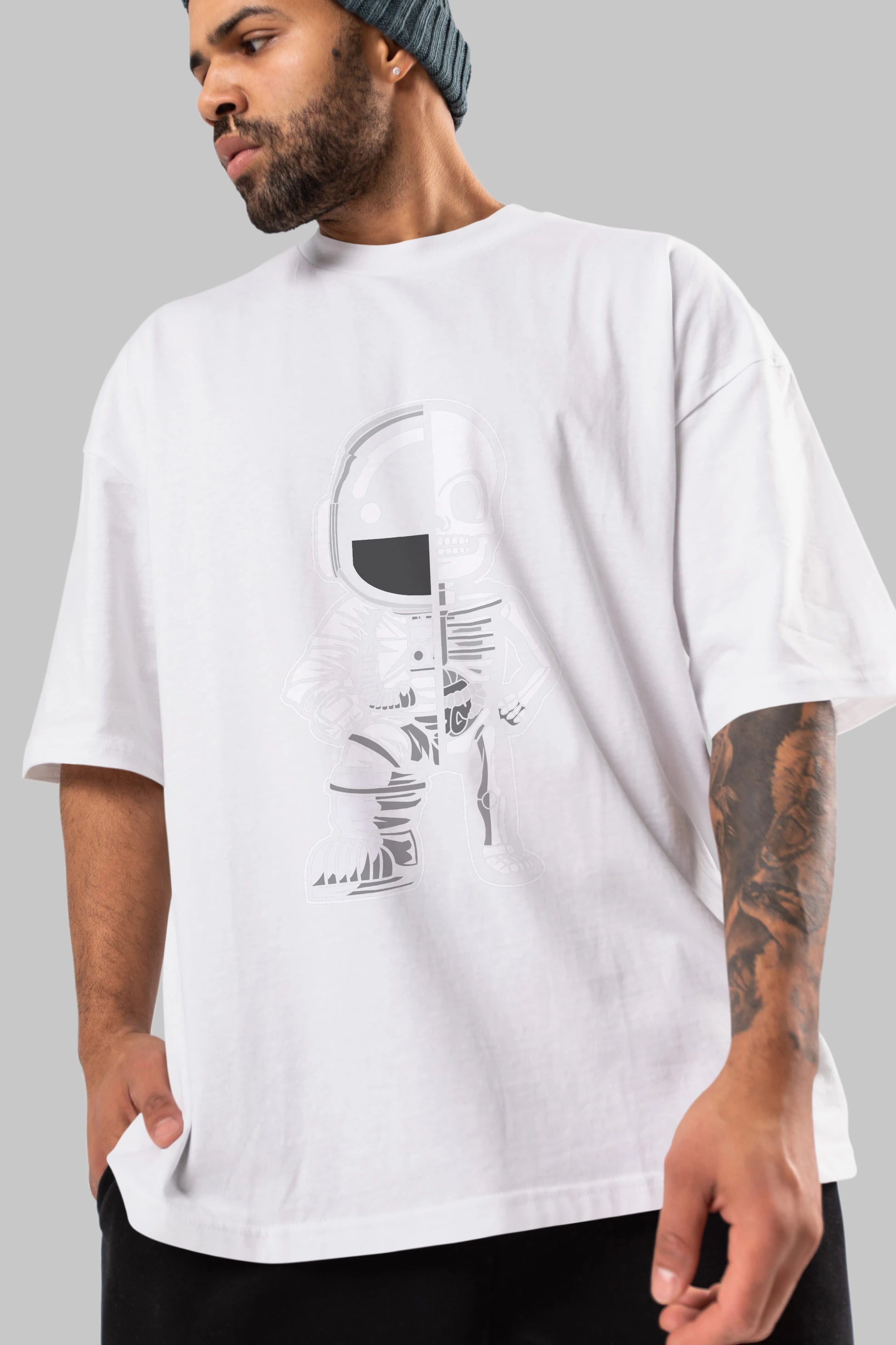 Astronaut Half Skeleton Ön Baskılı Oversize t-shirt Erkek Kadın Unisex