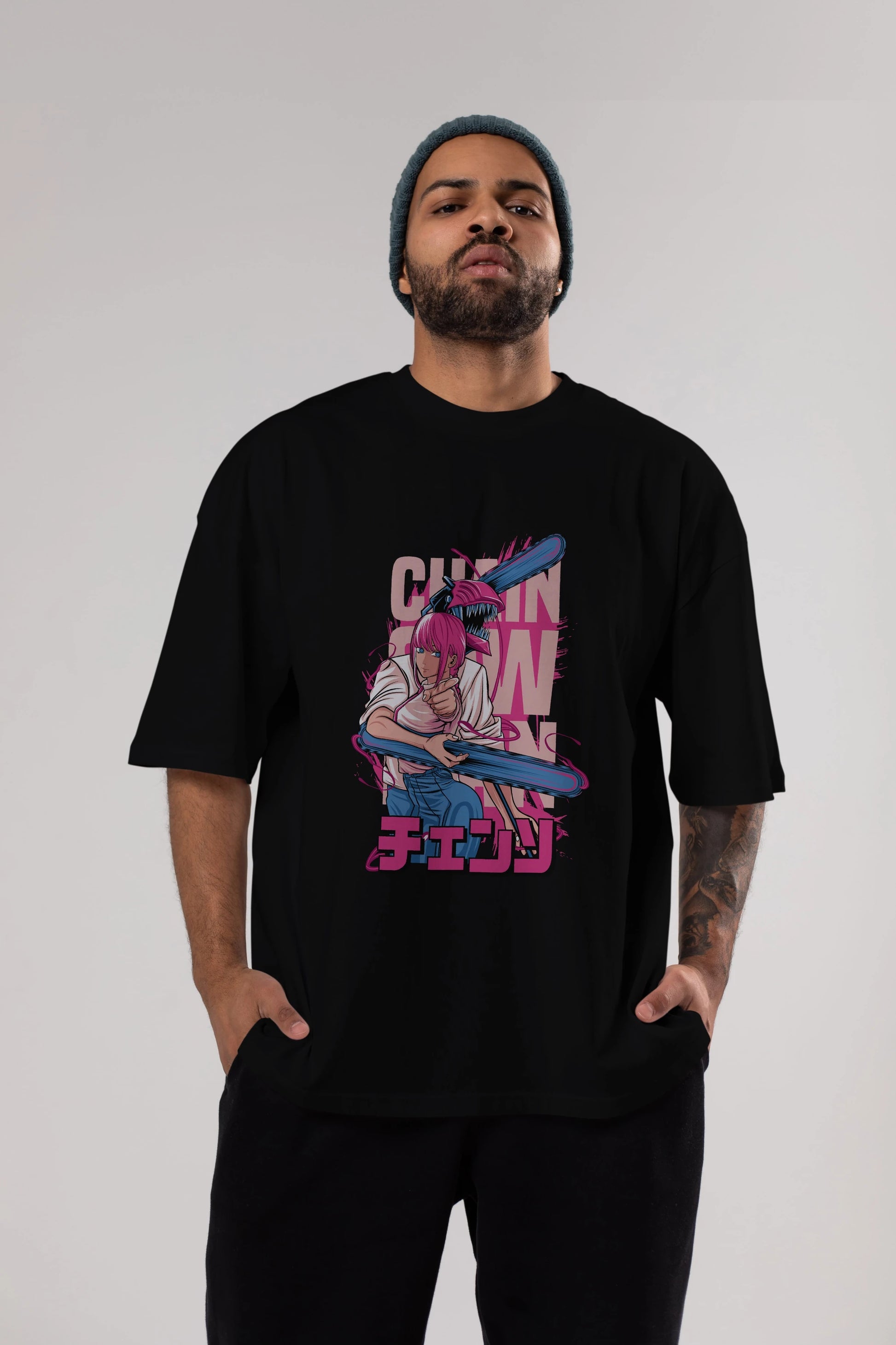 DENJI and MAKIMA Anime Ön Baskılı Oversize t-shirt %100 pamuk Erkek Kadın Unisex