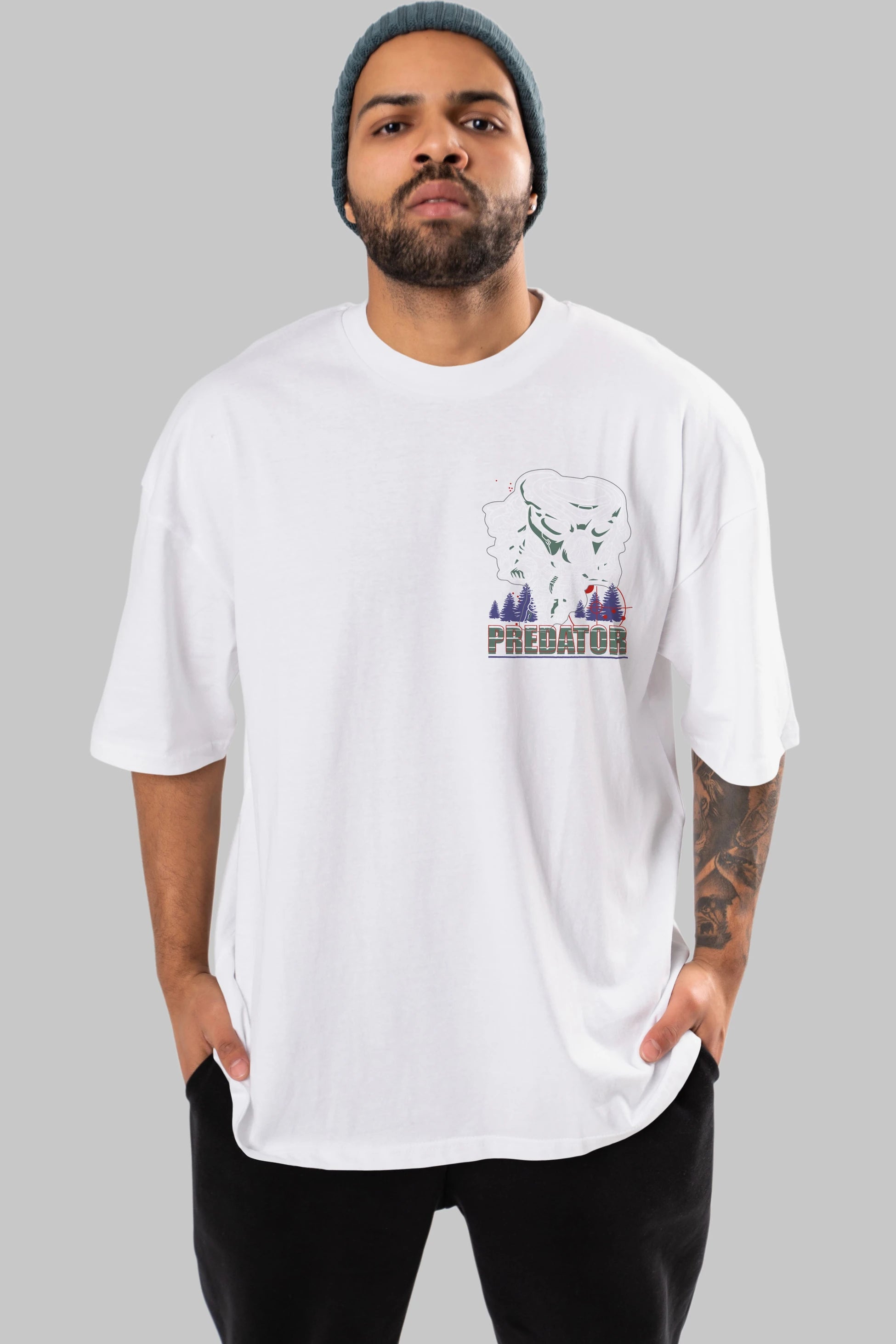 Predator Ön Sol Baskılı Oversize t-shirt Erkek Kadın Unisex %100 Pamuk Bisiklet Yaka tişort