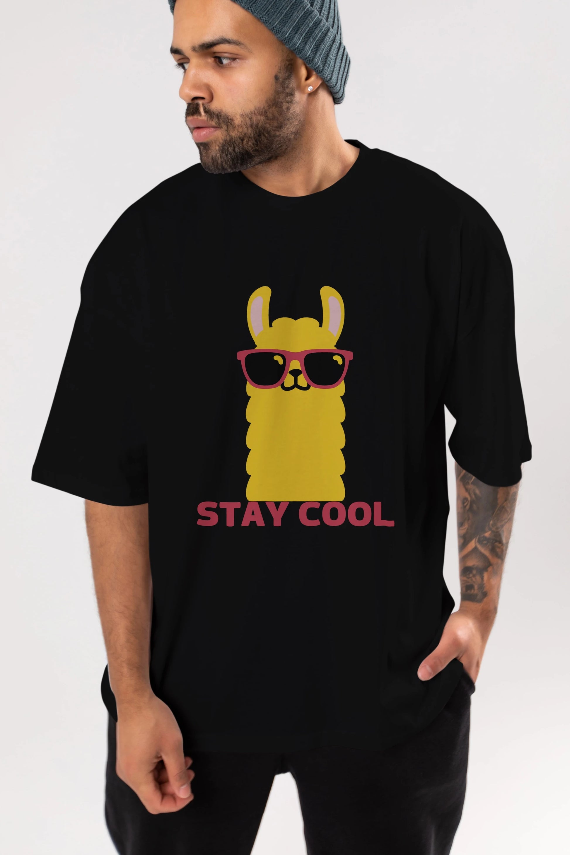 Stay Cool Yazılı Lama Ön Baskılı Oversize t-shirt Erkek Kadın Unisex