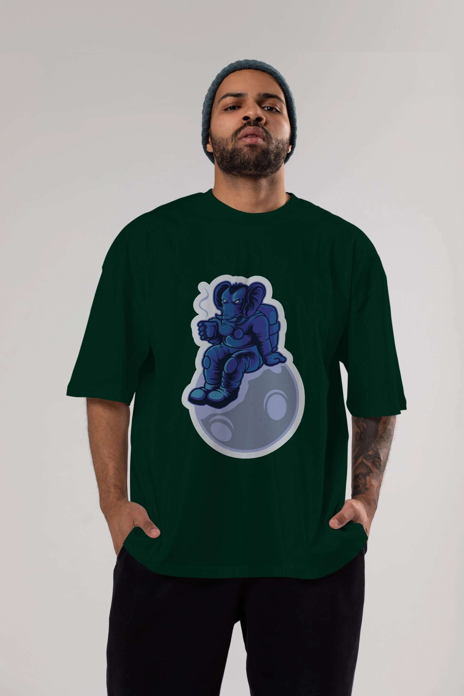 Space Elephant Drink Coffee Sticker Ön Baskılı Oversize t-shirt Erkek Kadın Unisex