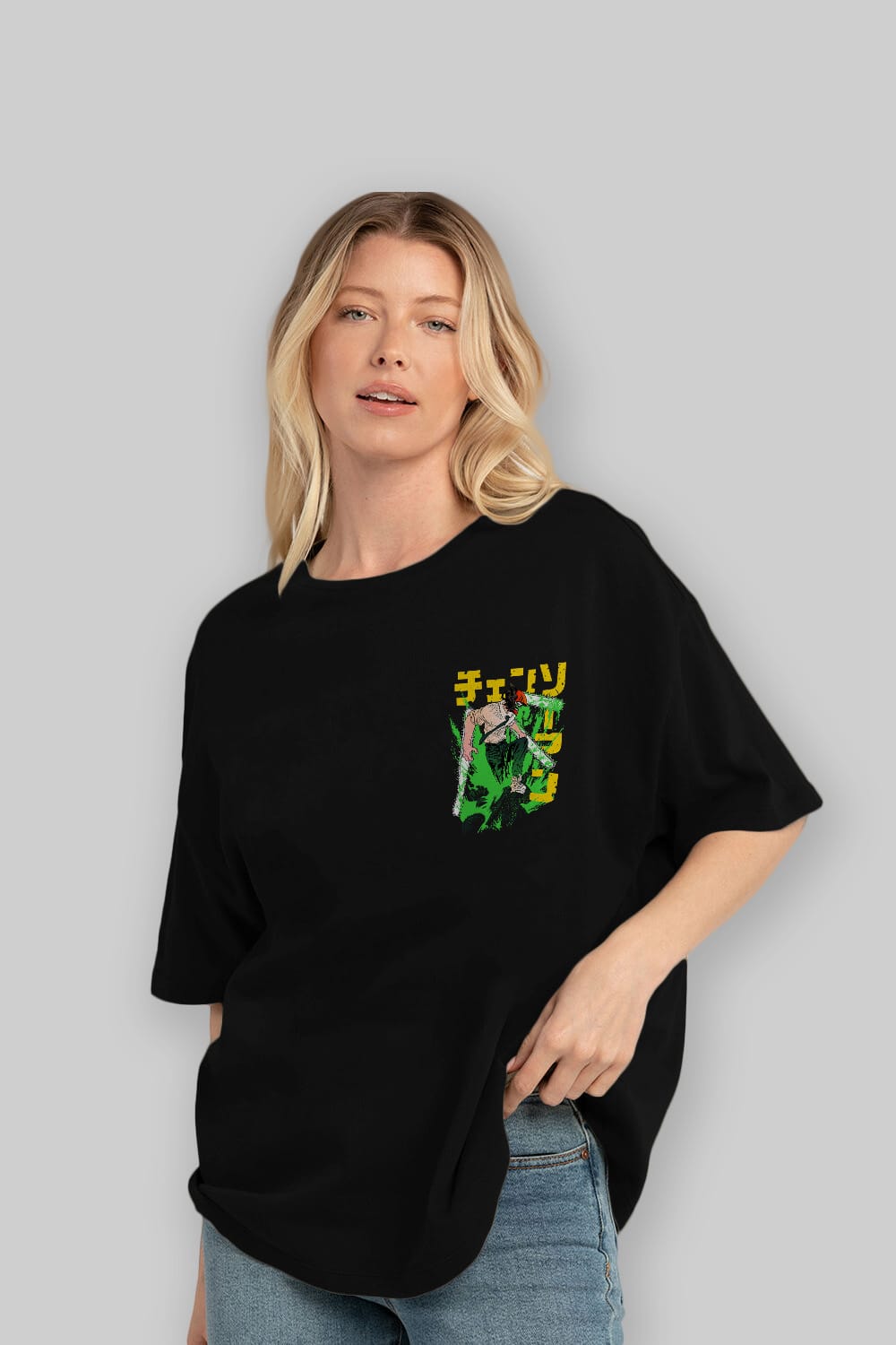 CHAINSAWMAN DENJI Ön Sol Baskılı Oversize t-shirt Erkek Kadın Unisex %100 Pamuk Bisiklet Yaka tişort