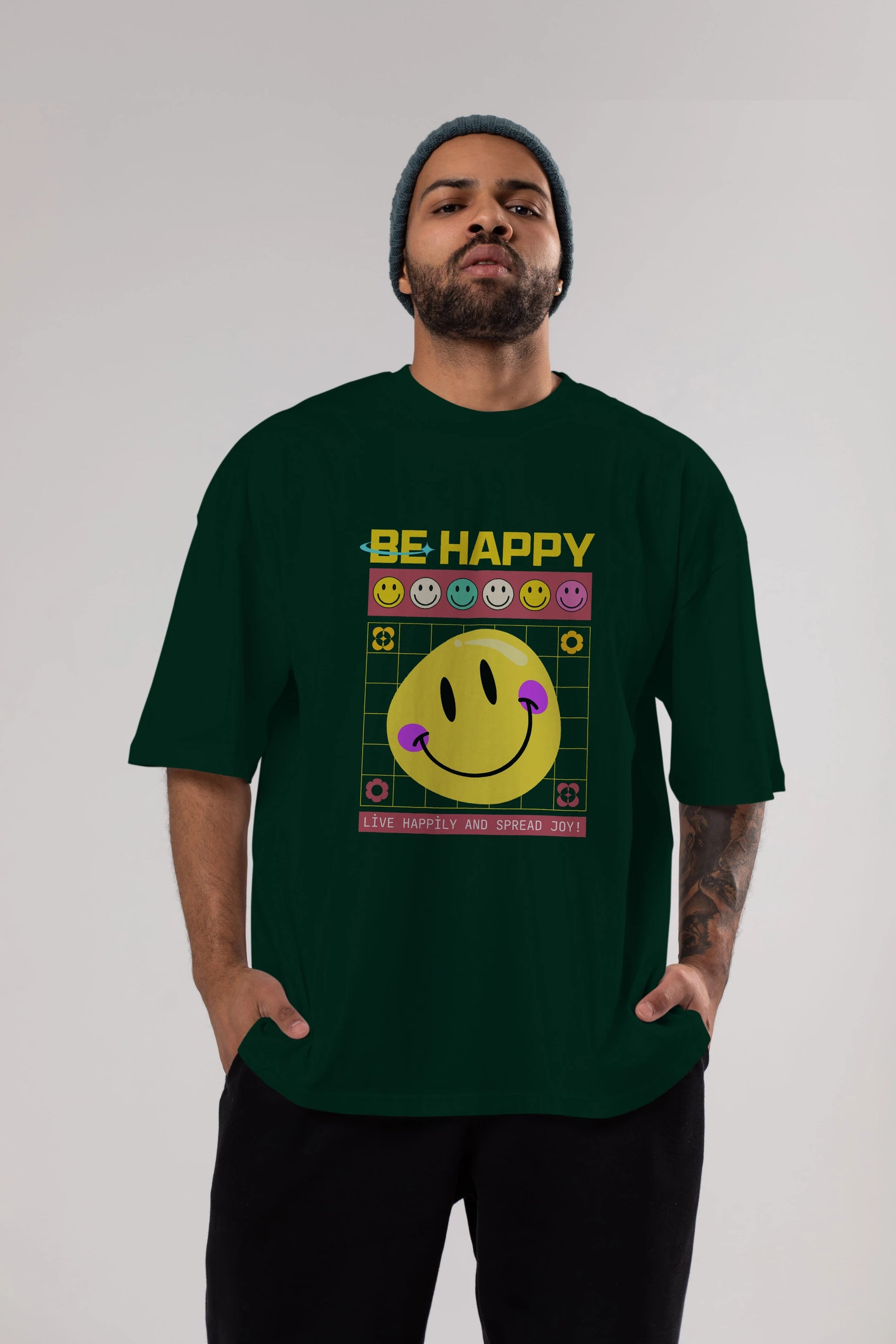 Be Happy Yazılı Ön Baskılı Oversize t-shirt Erkek Kadın Unisex