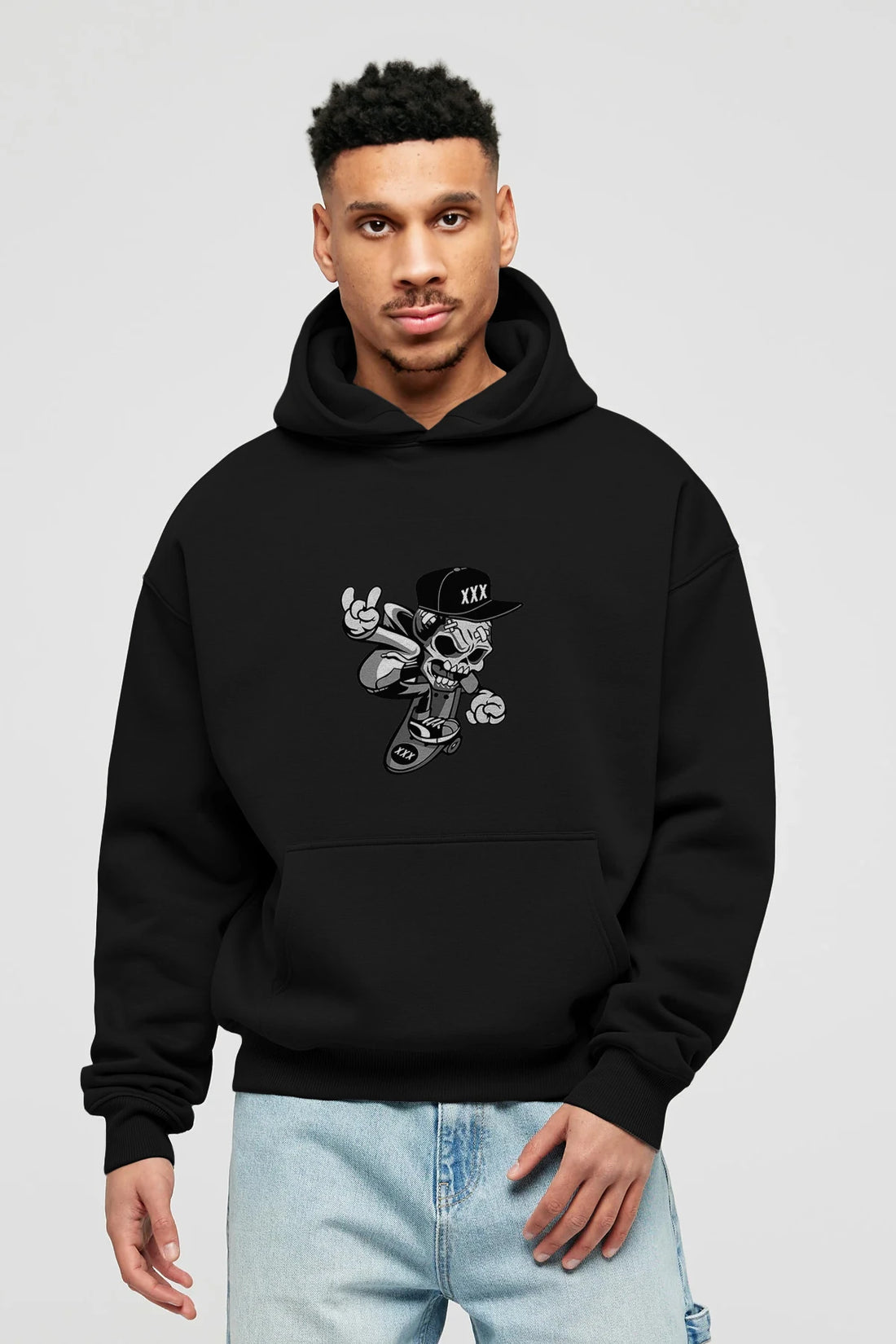 Skull Skateboard Ön Baskılı Hoodie Oversize Kapüşonlu Sweatshirt Erkek Kadın Unisex