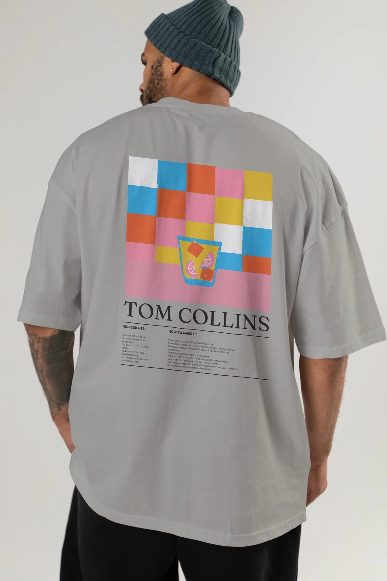 Tom Collins Kokteyl Serisi Arka Baskılı Oversize t-shirt Erkek Kadın %100 Pamuk Bisiklet Yaka tişort