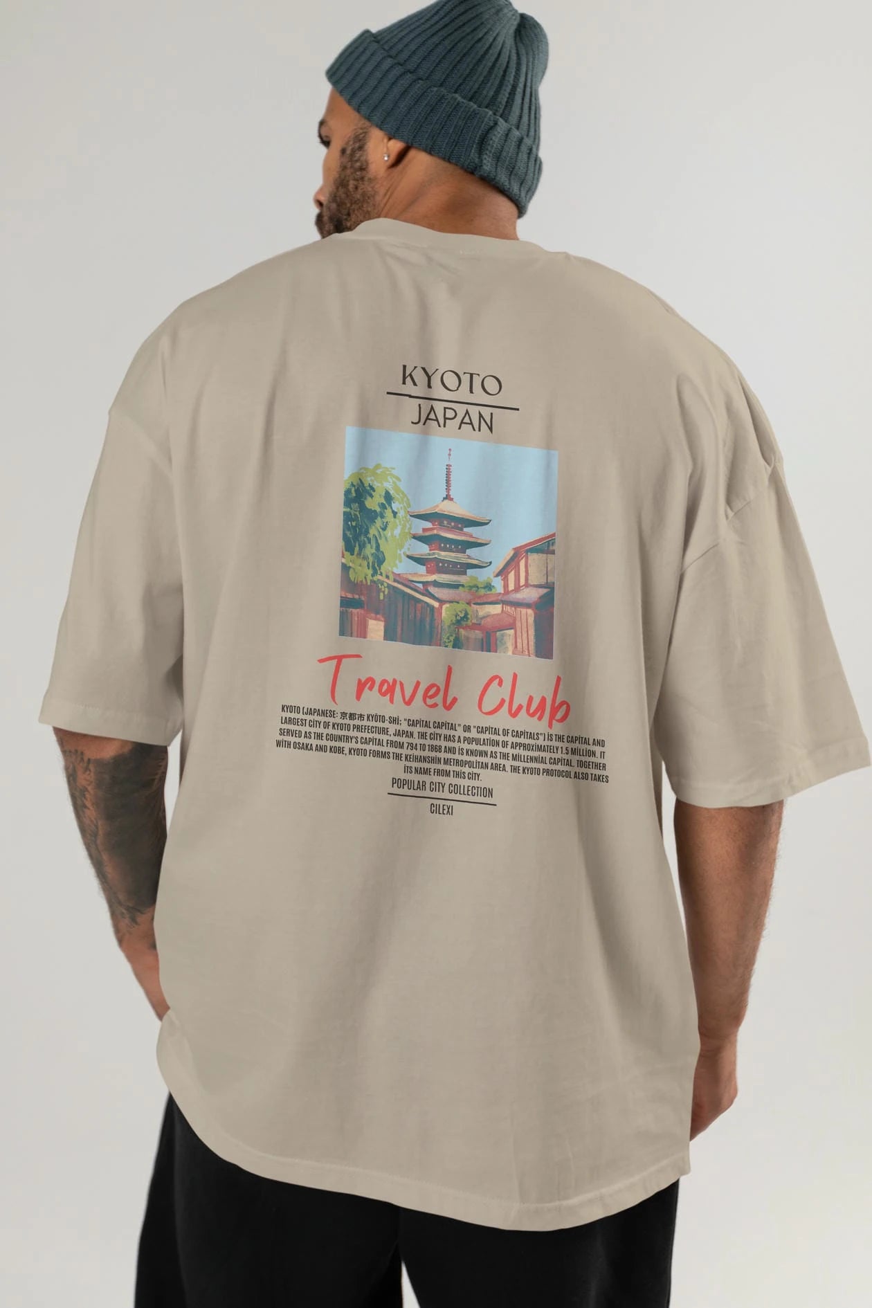 Kyoto Japan Arka Baskılı Oversize t-shirt Erkek Kadın Pamuk Bisiklet Yaka tişort
