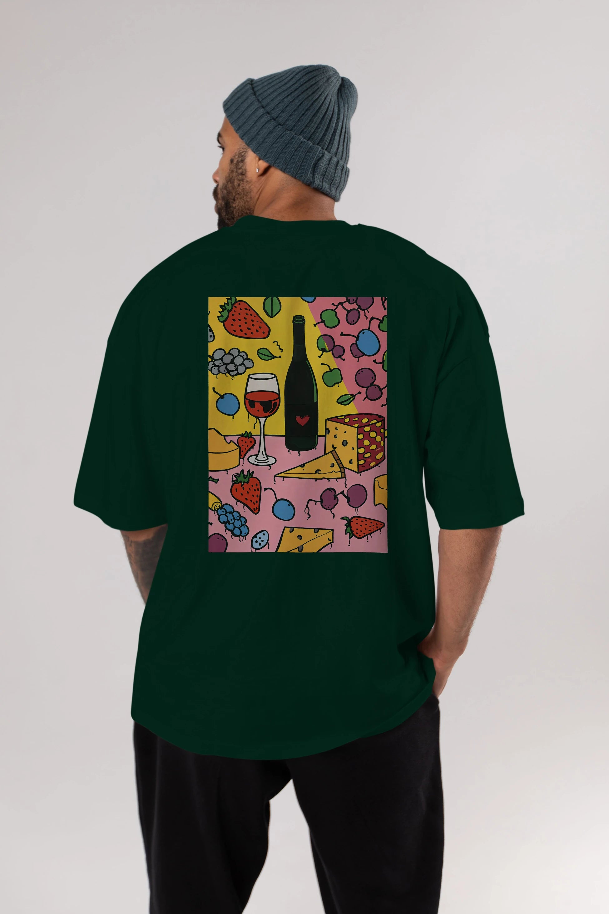 Wine Cheese Fruits Arka Baskılı Oversize t-shirt Erkek Kadın Unisex %100 Pamuk Bisiklet Yaka tişort