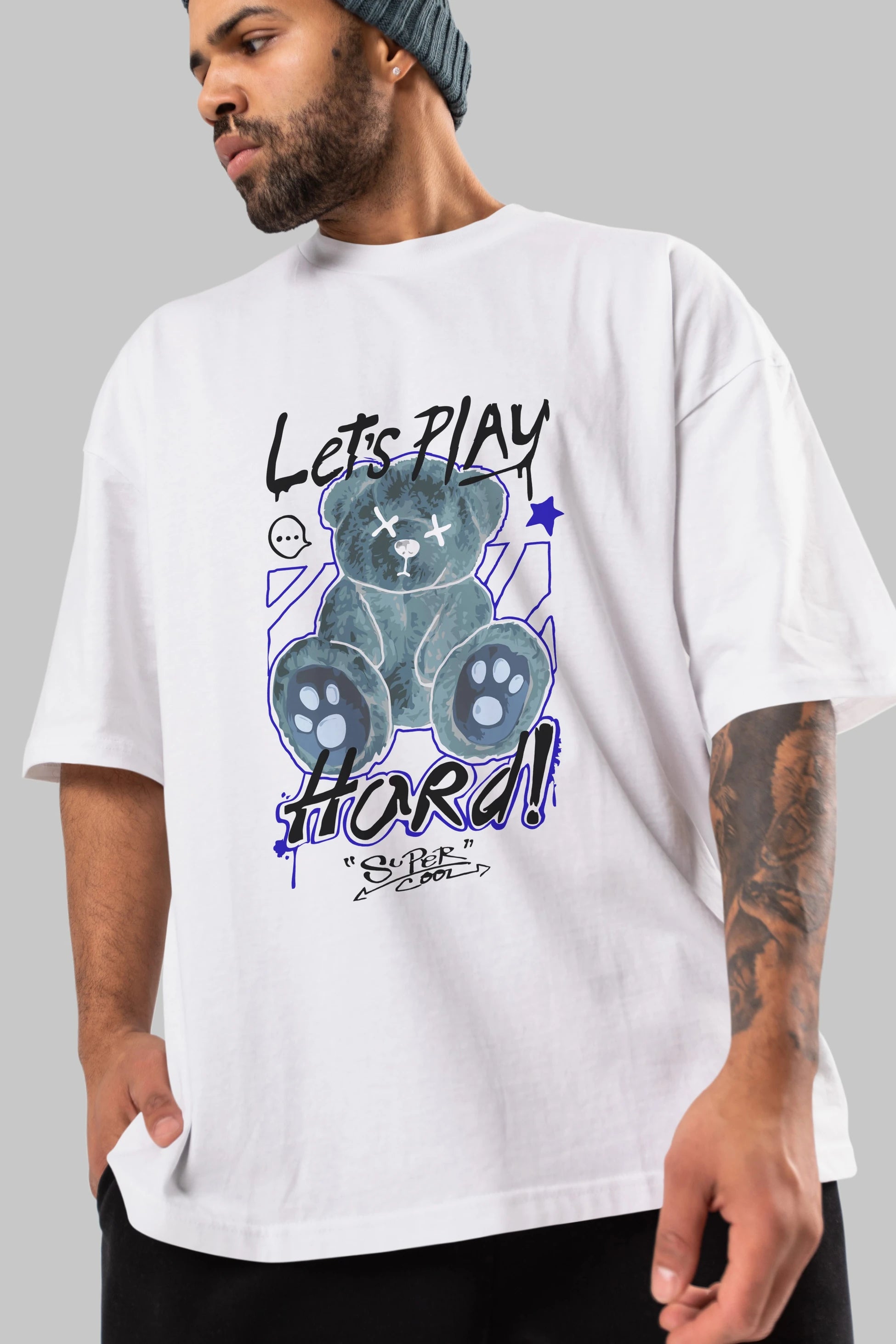 Lets Play Hard Bear Ön Baskılı Oversize t-shirt Erkek Kadın Unisex
