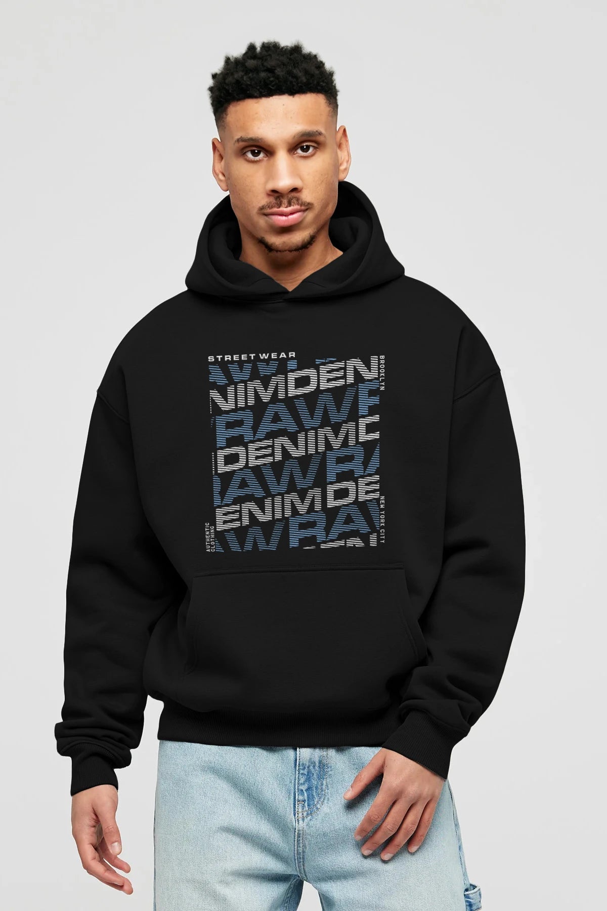 Raw Denim Ön Baskılı Hoodie Oversize Kapüşonlu Sweatshirt Erkek Kadın Unisex
