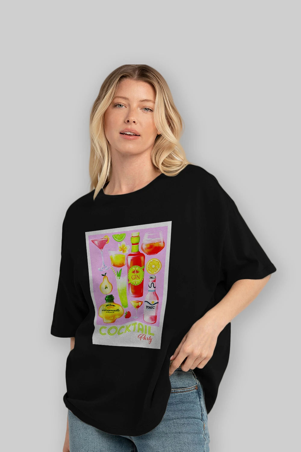 Cocktail Party Ön Baskılı Oversize t-shirt Erkek Kadın Unisex %100 Pamuk Bisiklet Yaka tişort