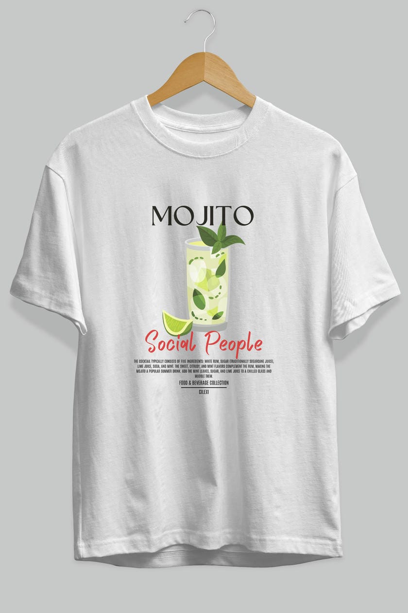 Mojıto Kokteyl Serisi ön Baskılı Oversize t-shirt Erkek Kadın %100 Pamuk Bisiklet Yaka tişort
