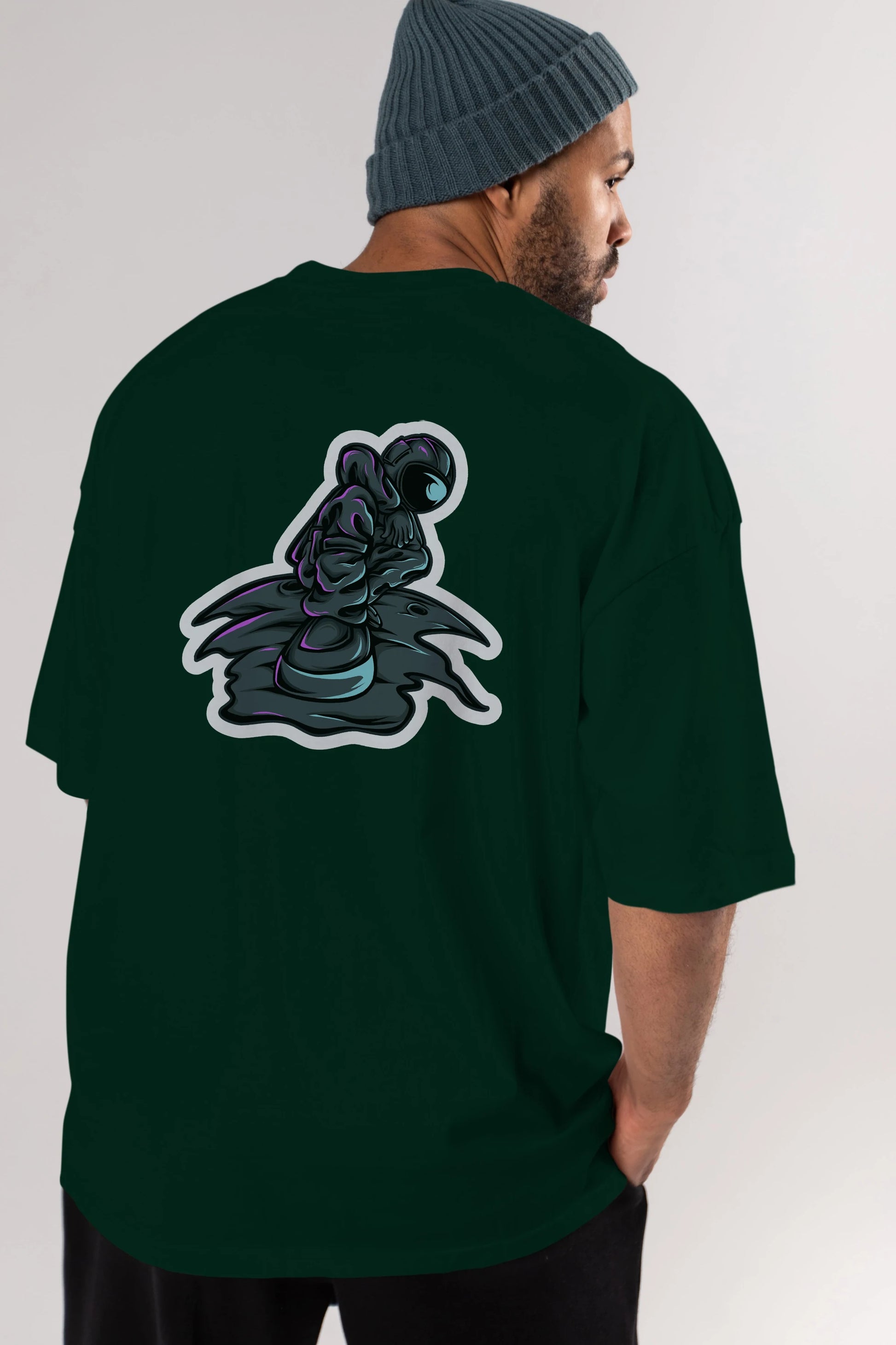 Stylish Astronaut Sticker Arka Baskılı Oversize t-shirt Erkek Kadın Unisex