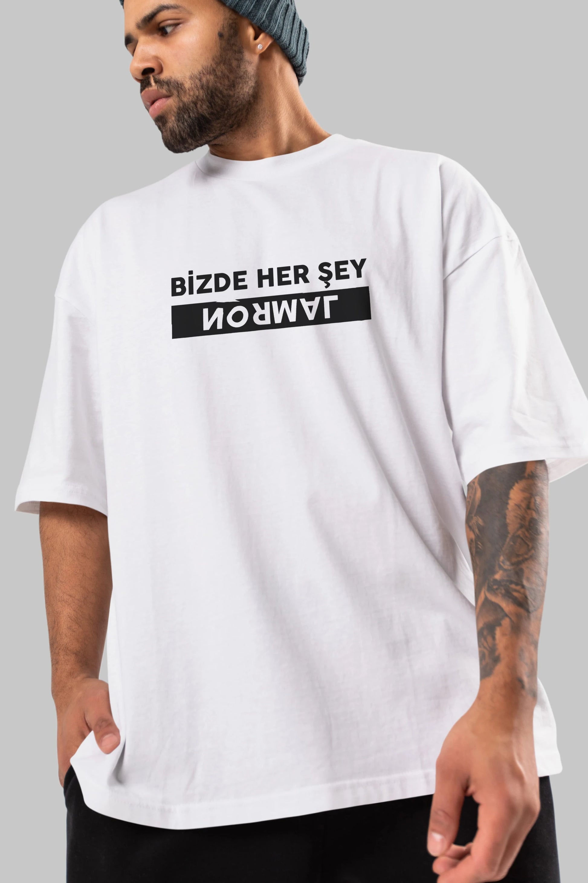 Bizde Her Şey Normal Ön Baskılı Oversize t-shirt %100 pamuk Erkek Kadın Unisex