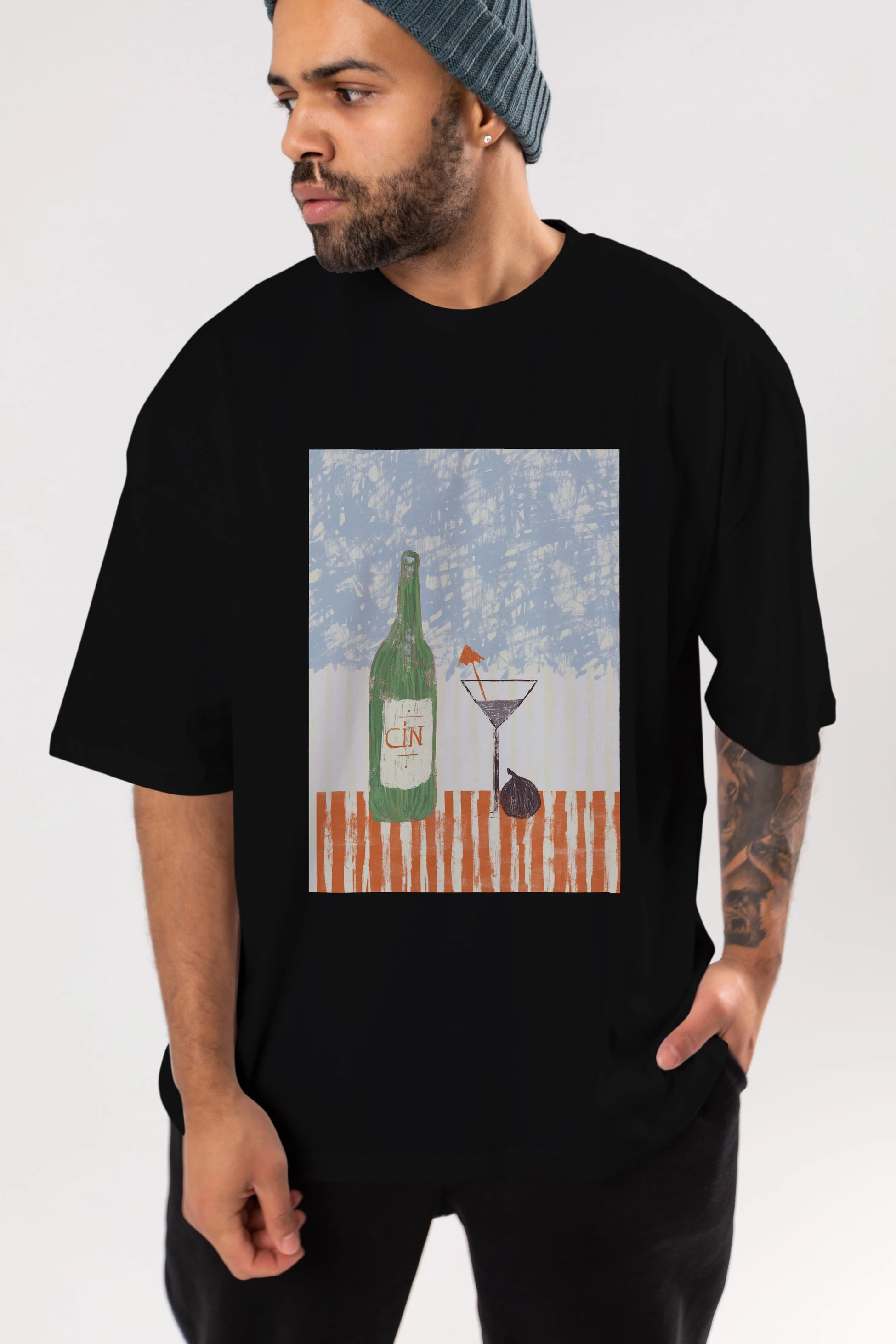 Gin Ön Baskılı Oversize t-shirt Erkek Kadın Unisex %100 Pamuk Bisiklet Yaka tişort