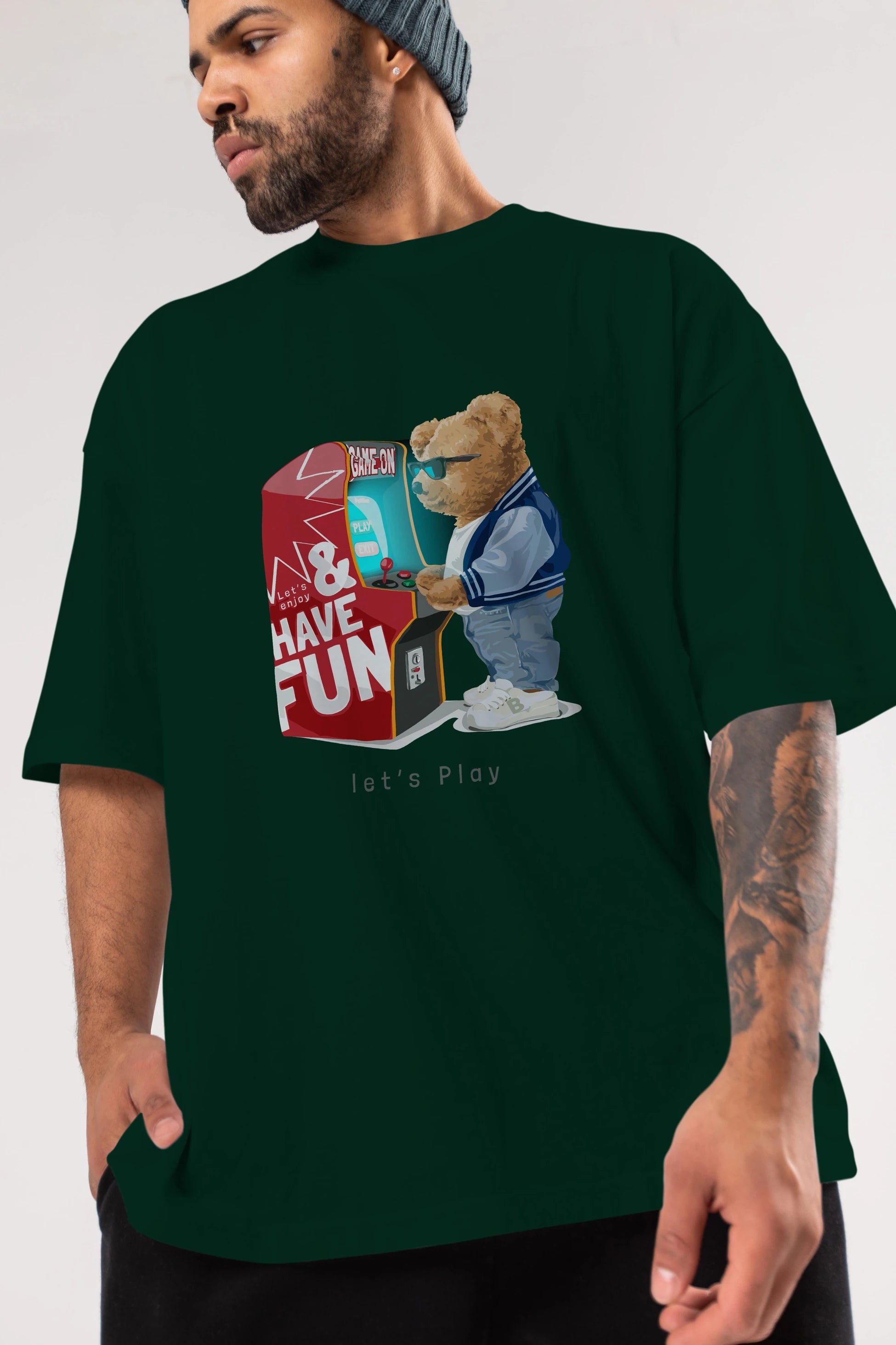 Teddy Bear Lets Play Ön Baskılı Oversize t-shirt Erkek Kadın Unisex %100 Pamuk