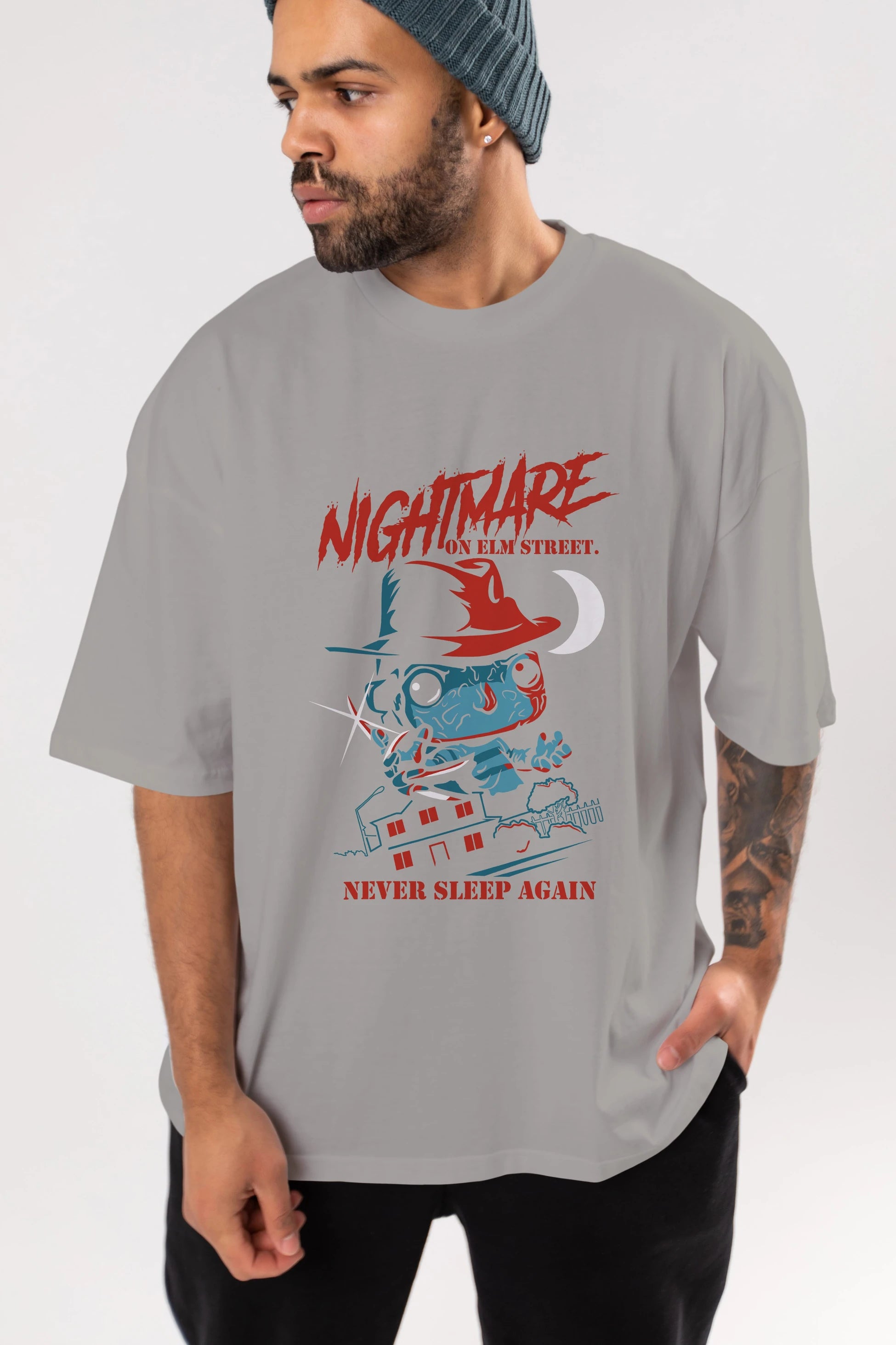 Nightmare Elm Sokağı Ön Baskılı Oversize t-shirt Erkek Kadın Unisex %100 Pamuk Bisiklet Yaka tişort