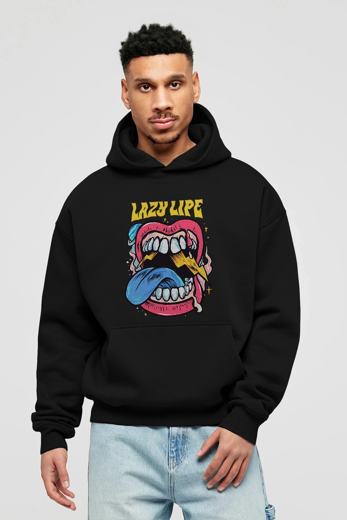 Lazy Lipe Ön Baskılı Hoodie Oversize Kapüşonlu Sweatshirt Erkek Kadın Unisex