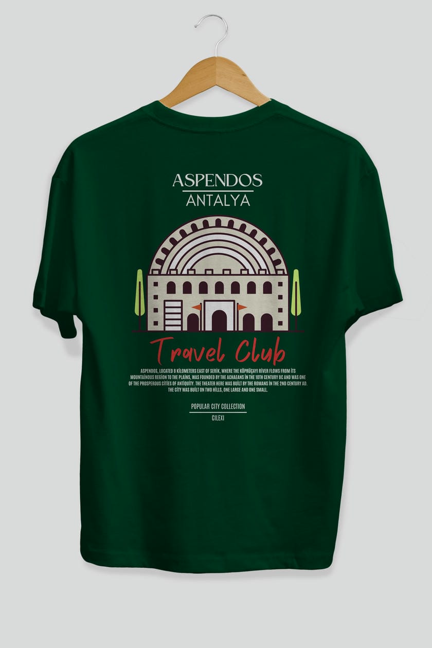 Aspendos Antalya Arka Baskılı Oversize t-shirt Erkek Kadın Pamuk Bisiklet Yaka tişort