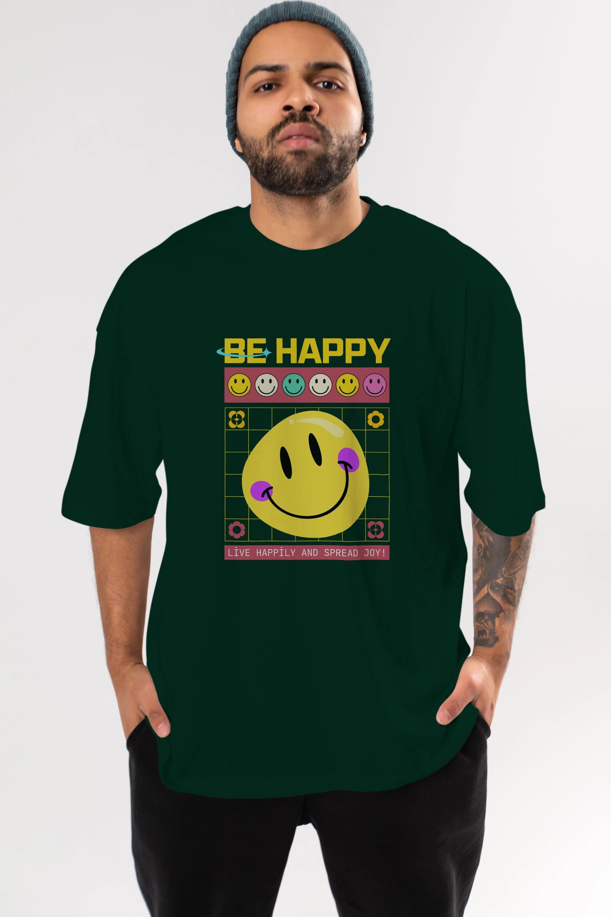Be Happy Yazılı Ön Baskılı Oversize t-shirt Erkek Kadın Unisex