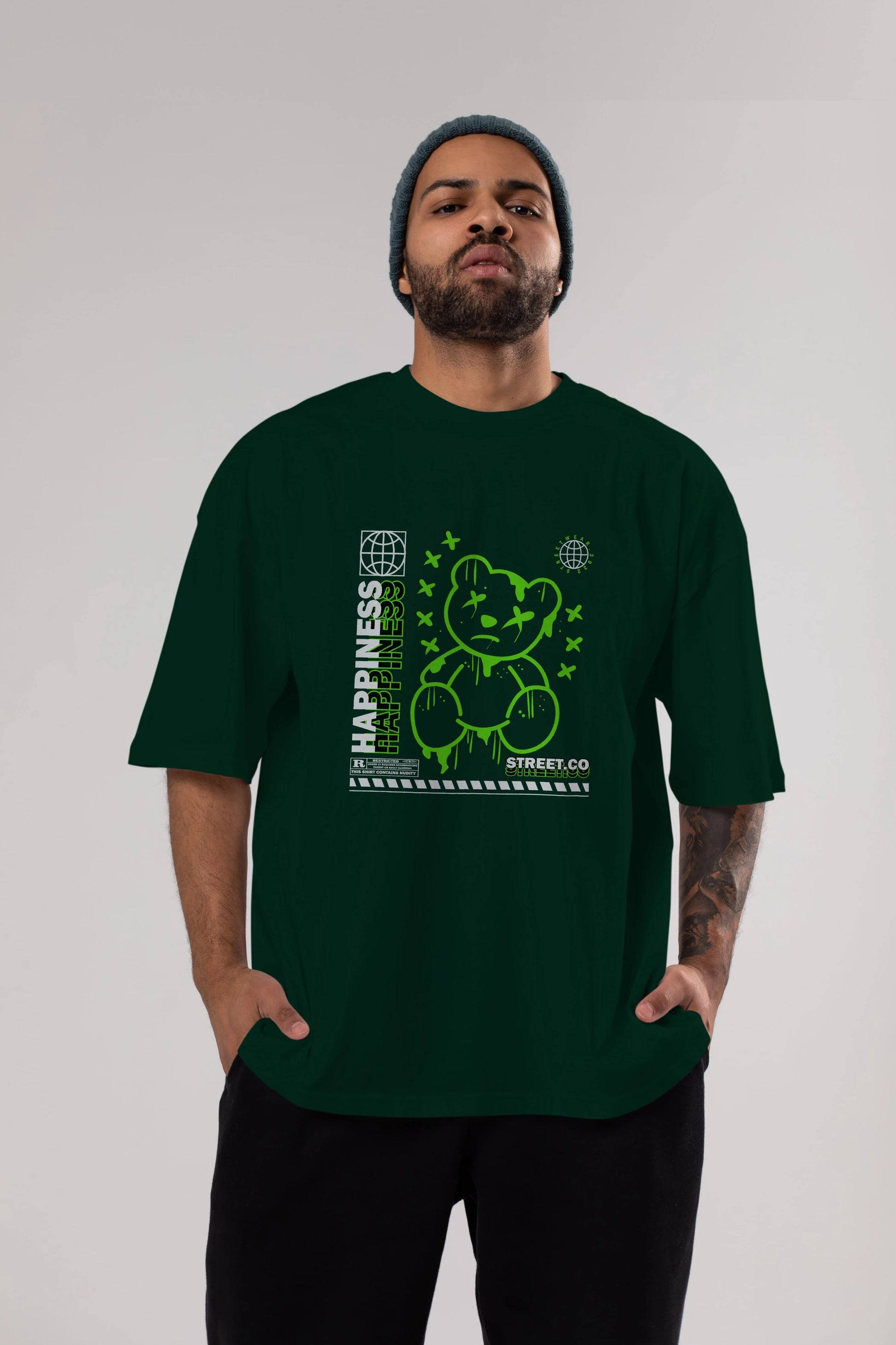 Happiness Bear 3 Ön Baskılı Oversize t-shirt Erkek Kadın Unisex