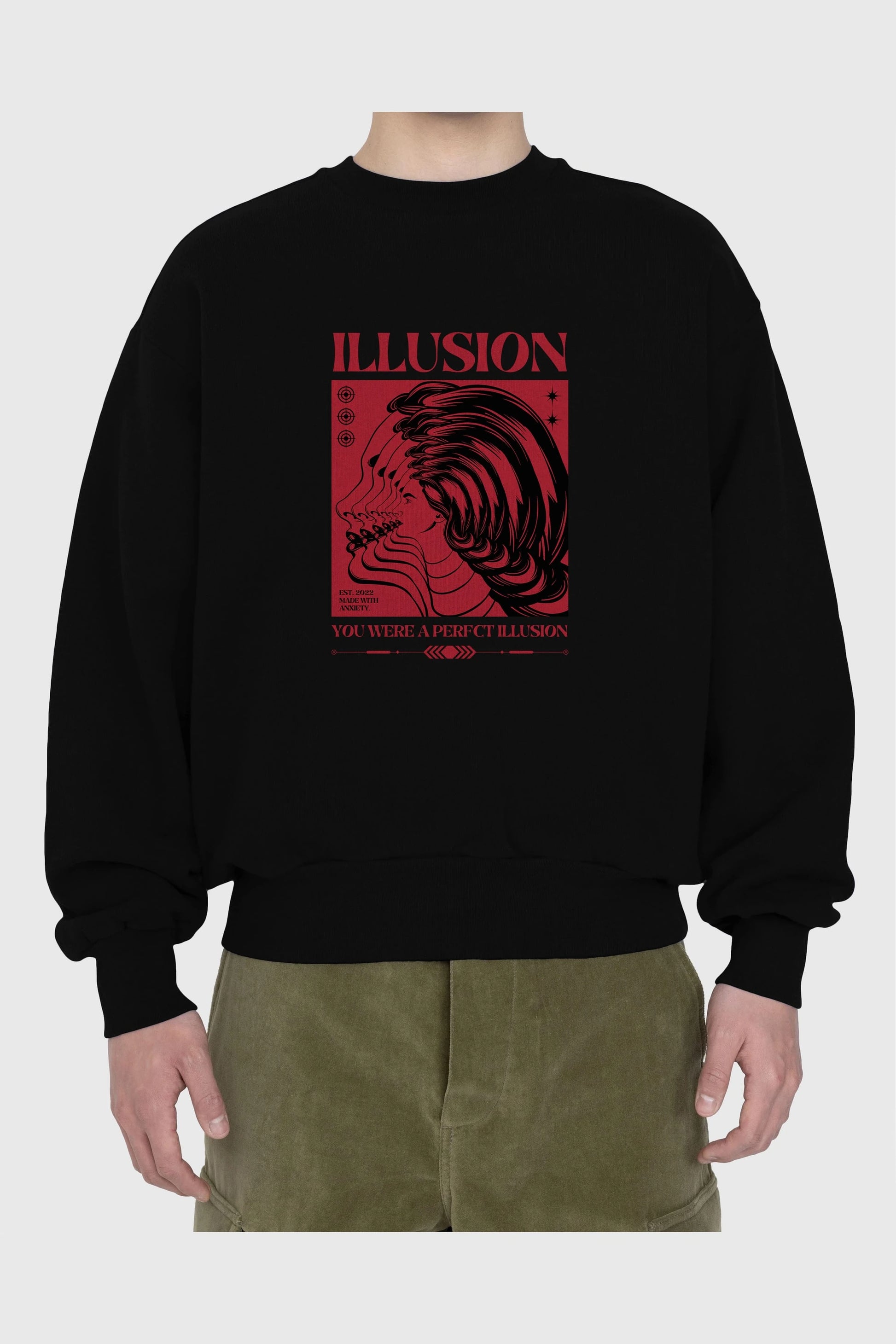 Illusion Streetwear Ön Baskılı Oversize Sweatshirt Erkek Kadın Unisex