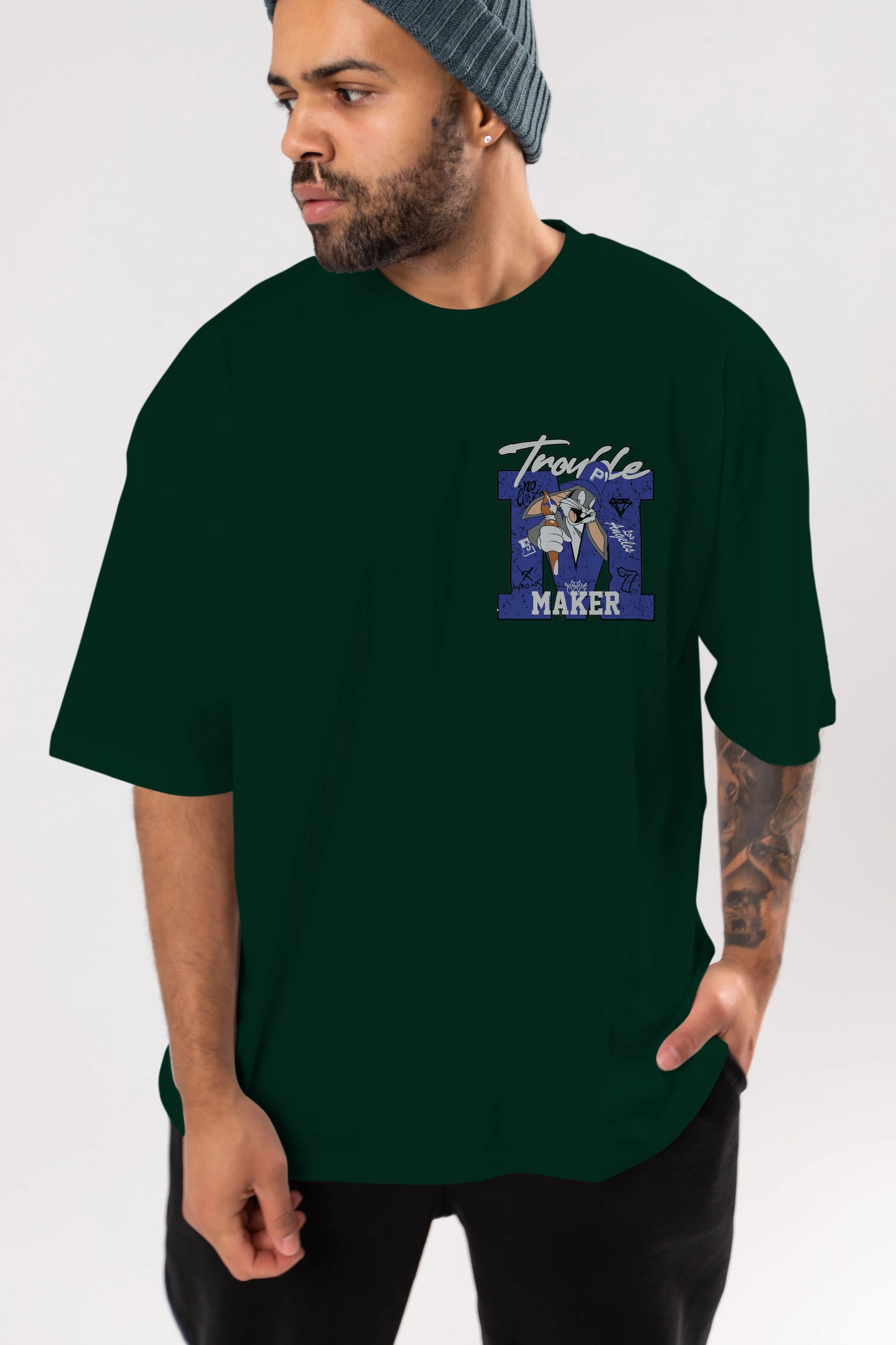 Bugs Bunny Ön Sol Baskılı Oversize t-shirt Erkek Kadın Unisex %100 Pamuk Bisiklet Yaka tişort