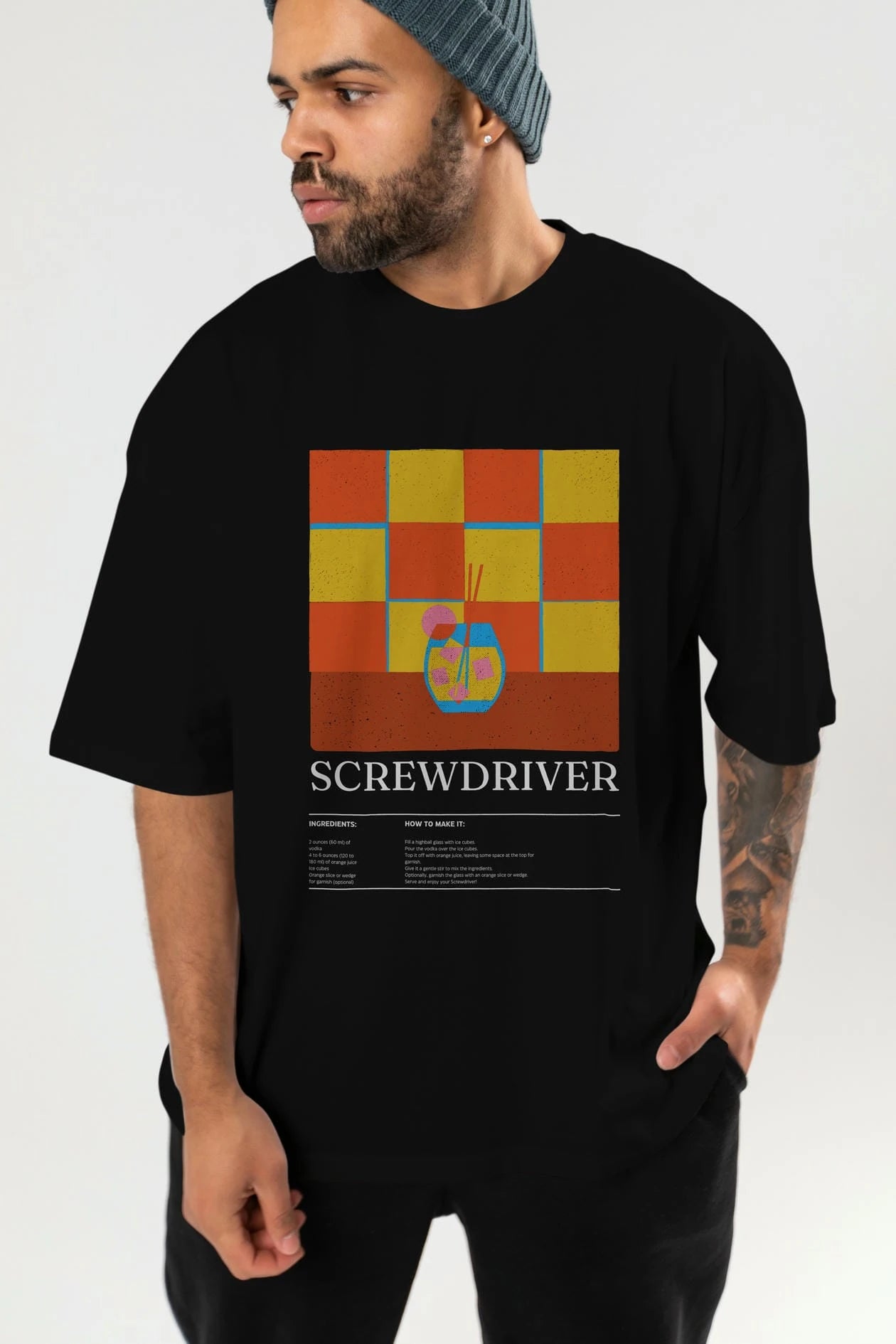 Screwdriver Kokteyl Ön Baskılı Oversize t-shirt Erkek Kadın %100 Pamuk Bisiklet Yaka tişort