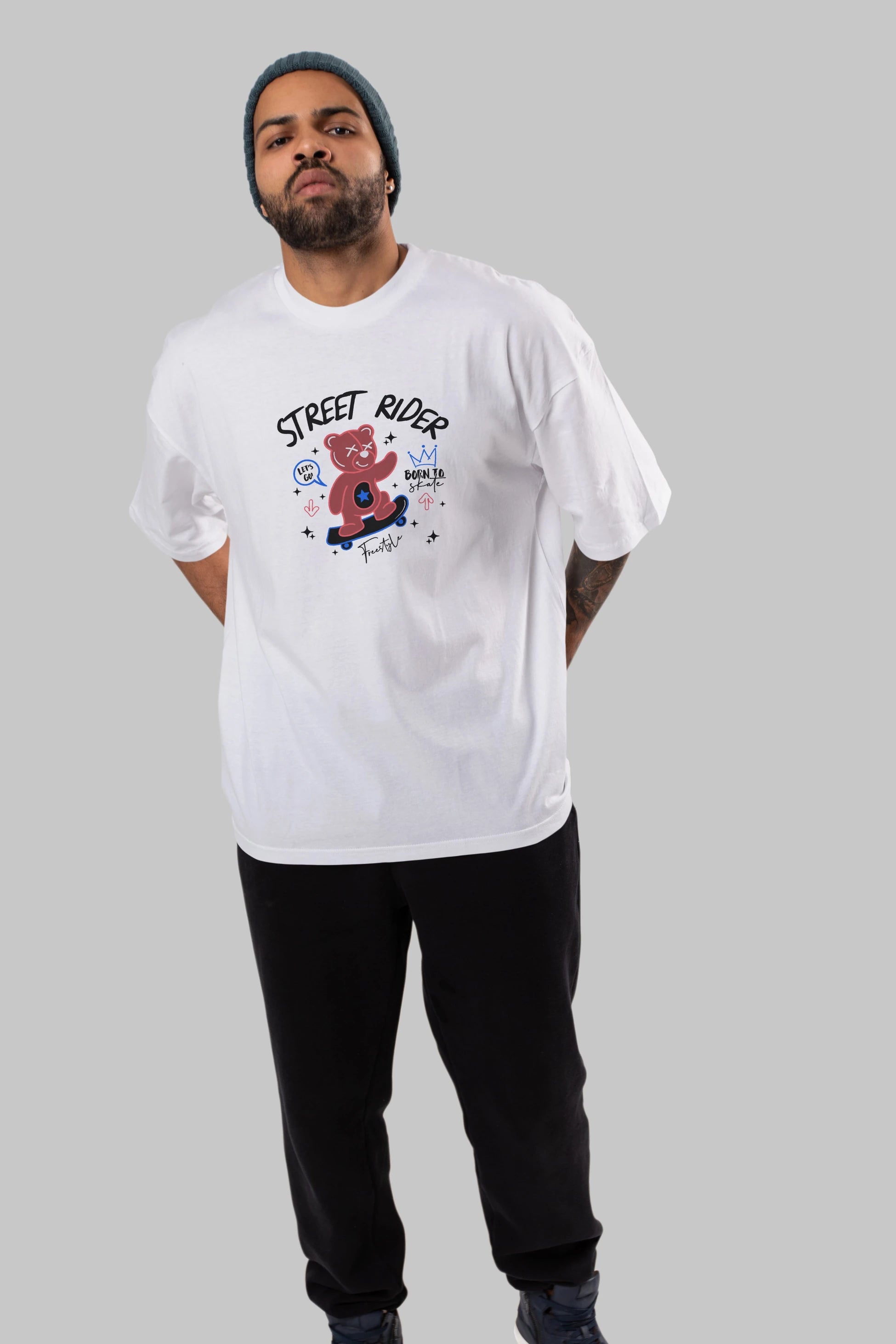 Street Rider Bear Ön Baskılı Oversize t-shirt Erkek Kadın Unisex
