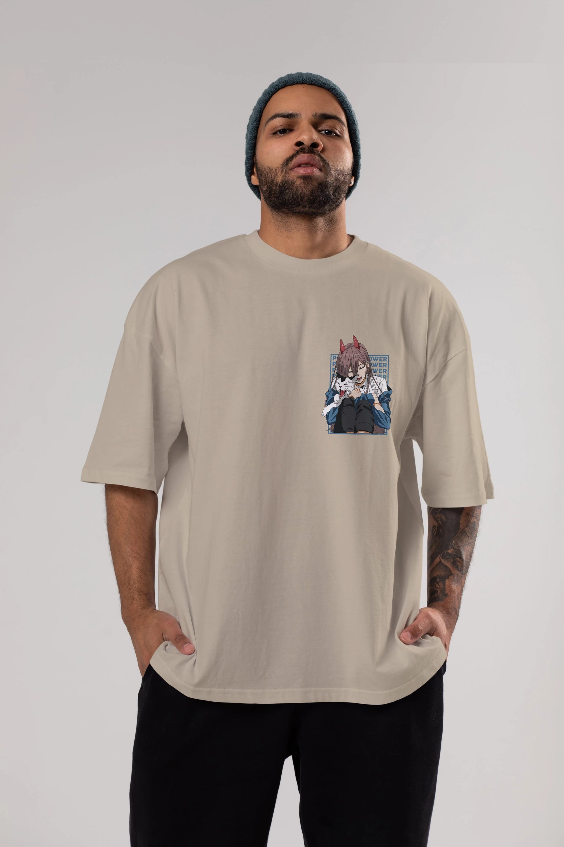 POWER CHAINSAWMAN Ön Sol Baskılı Oversize t-shirt Erkek Kadın Unisex %100 Pamuk Bisiklet Yaka tişort