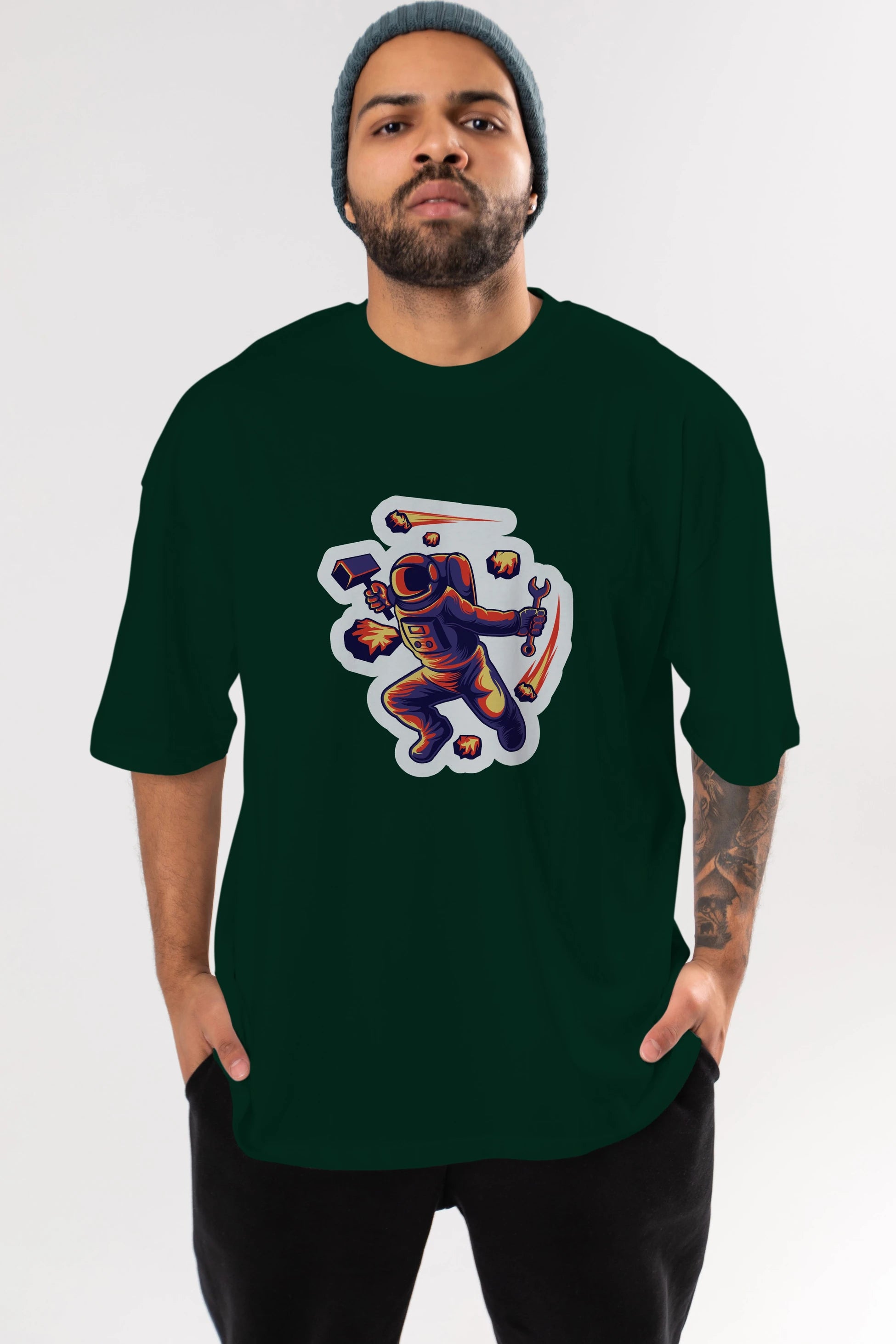 Astronaut Block Meteor Sticker Ön Baskılı Oversize t-shirt Erkek Kadın Unisex