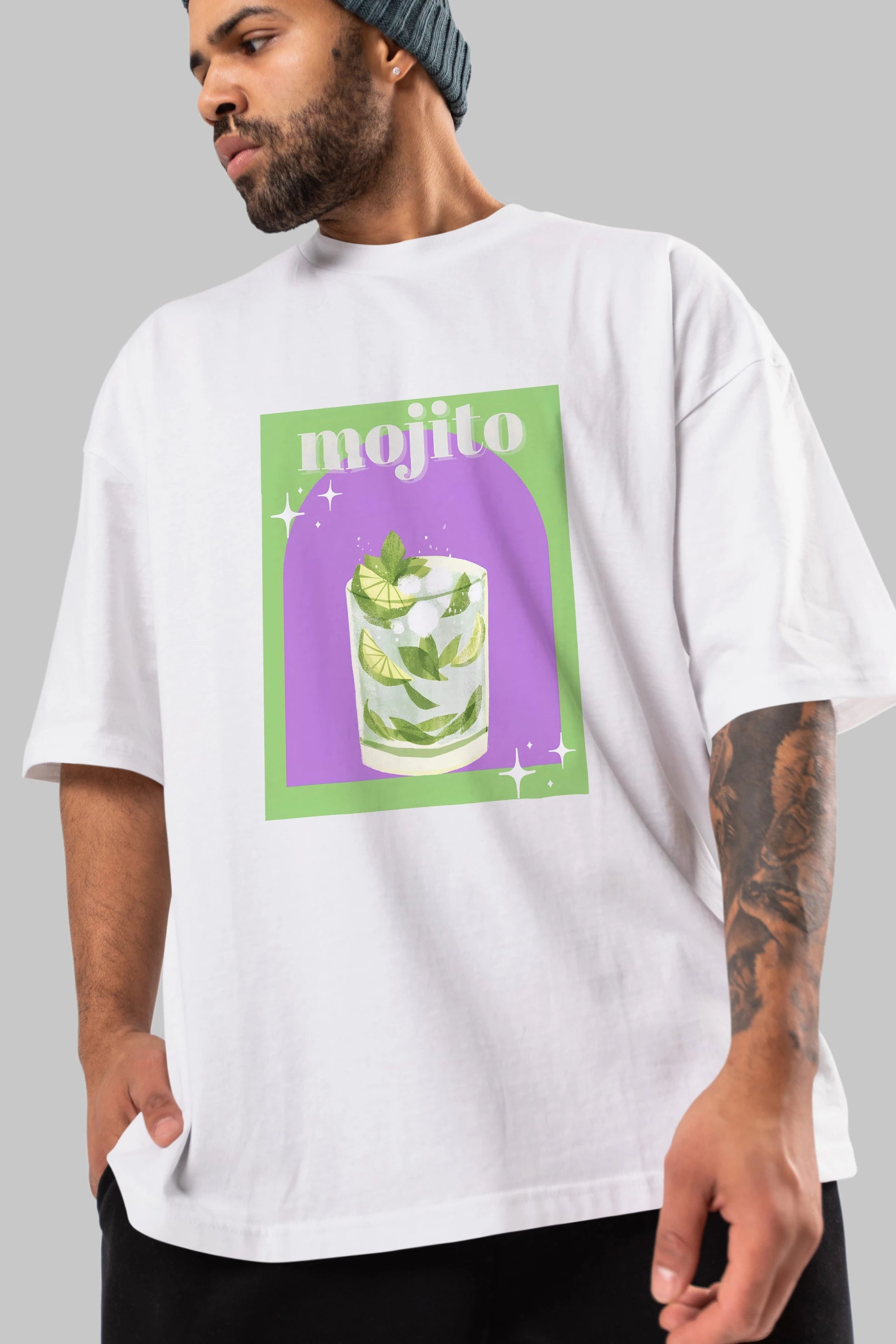 Mojito 3 Ön Baskılı Oversize t-shirt Erkek Kadın Unisex %100 Pamuk Bisiklet Yaka tişort