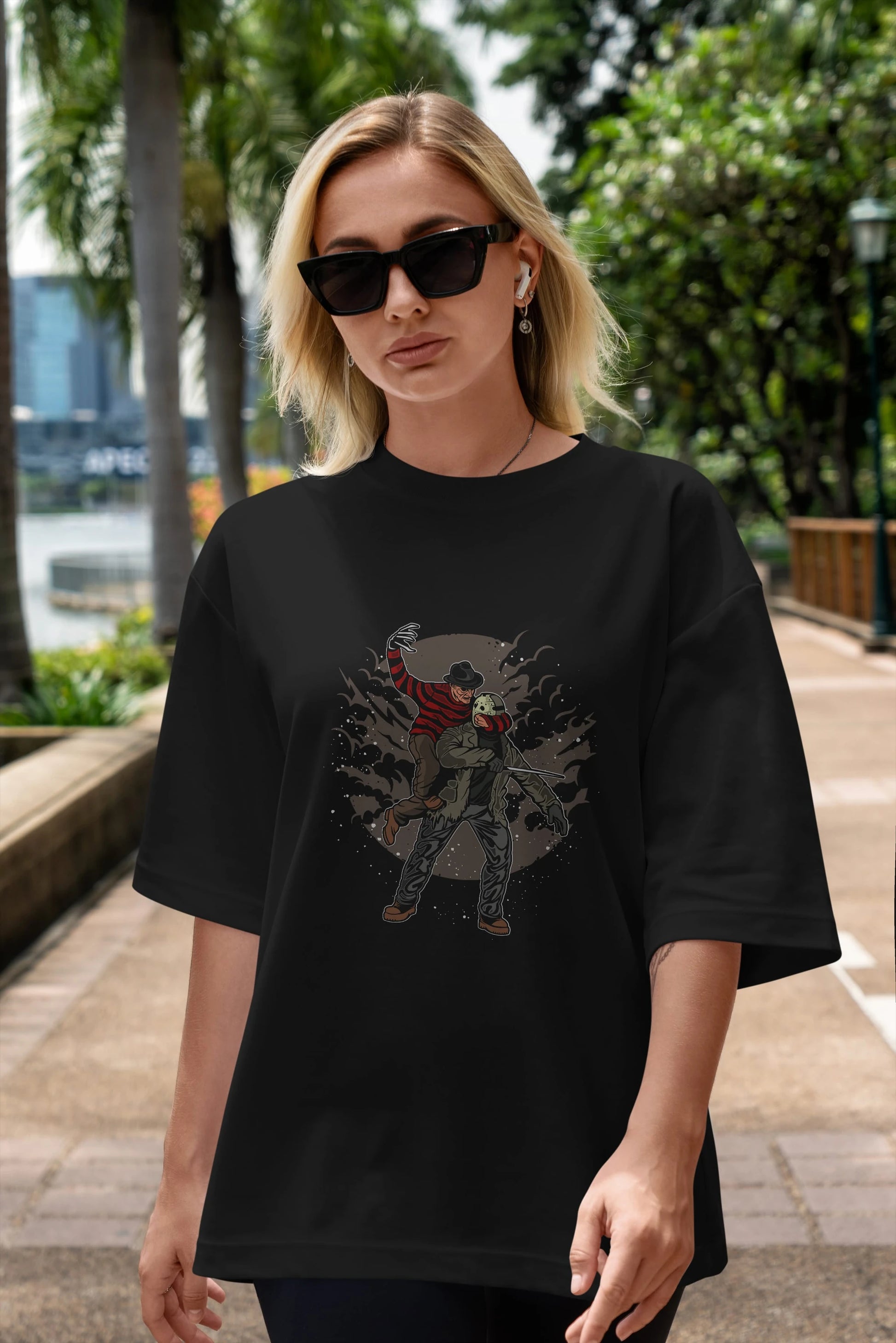 FREDDY VS JASON Ön Baskılı Oversize t-shirt Erkek Kadın Unisex %100 Pamuk tişort
