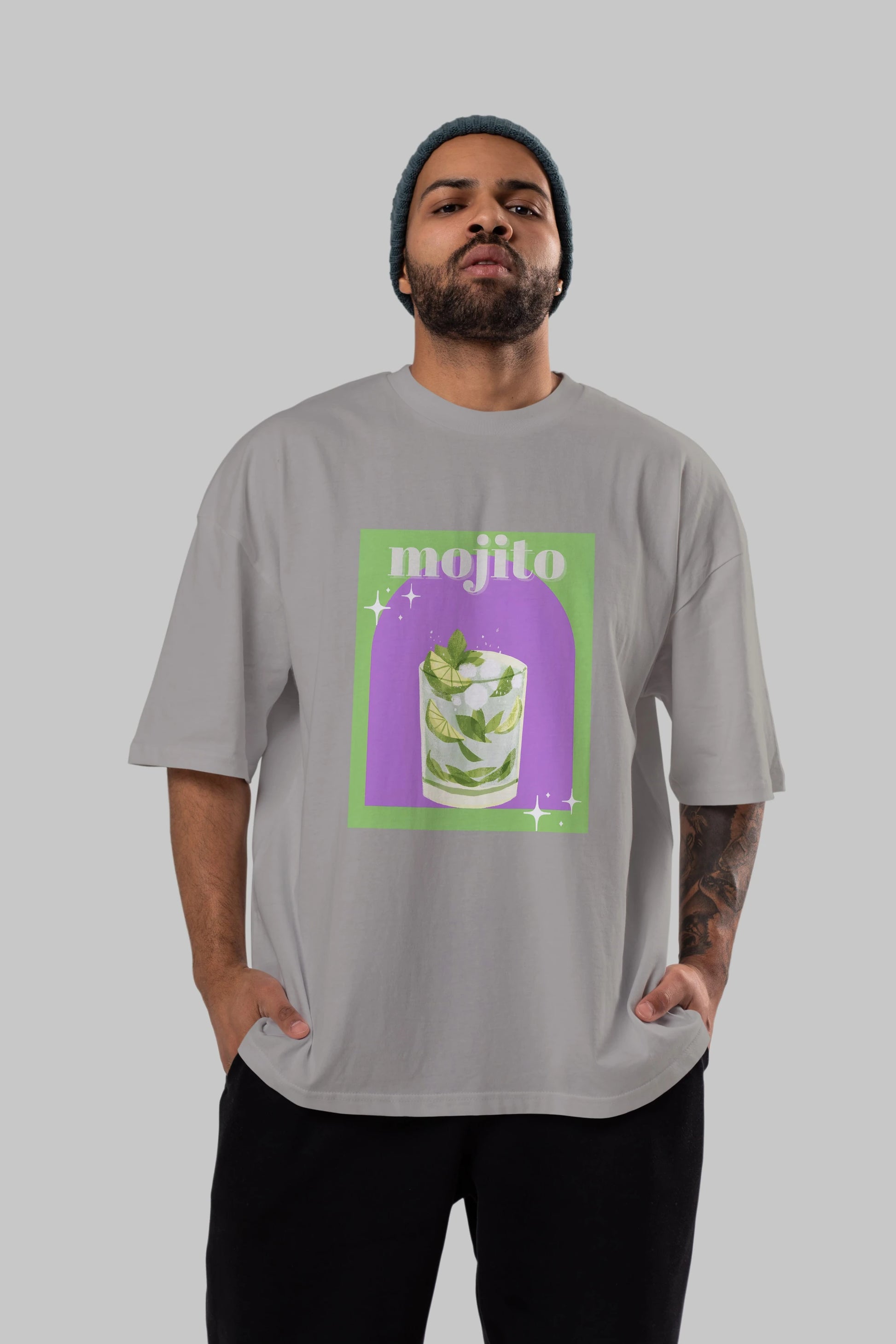 Mojito 3 Ön Baskılı Oversize t-shirt Erkek Kadın Unisex %100 Pamuk Bisiklet Yaka tişort