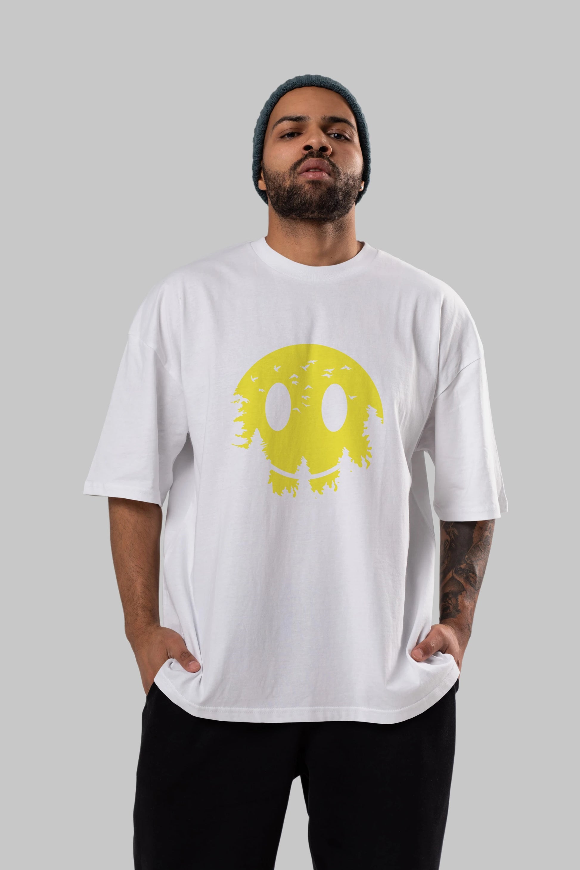 Smiley Moon Ön Baskılı Oversize t-shirt %100 pamuk Erkek Kadın Unisex