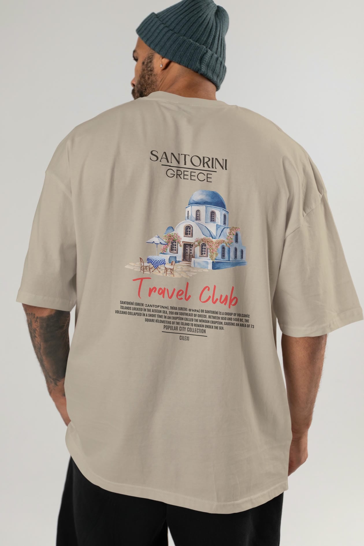 Santorini Greece Arka Baskılı Oversize t-shirt Erkek Kadın Pamuk Bisiklet Yaka tişort