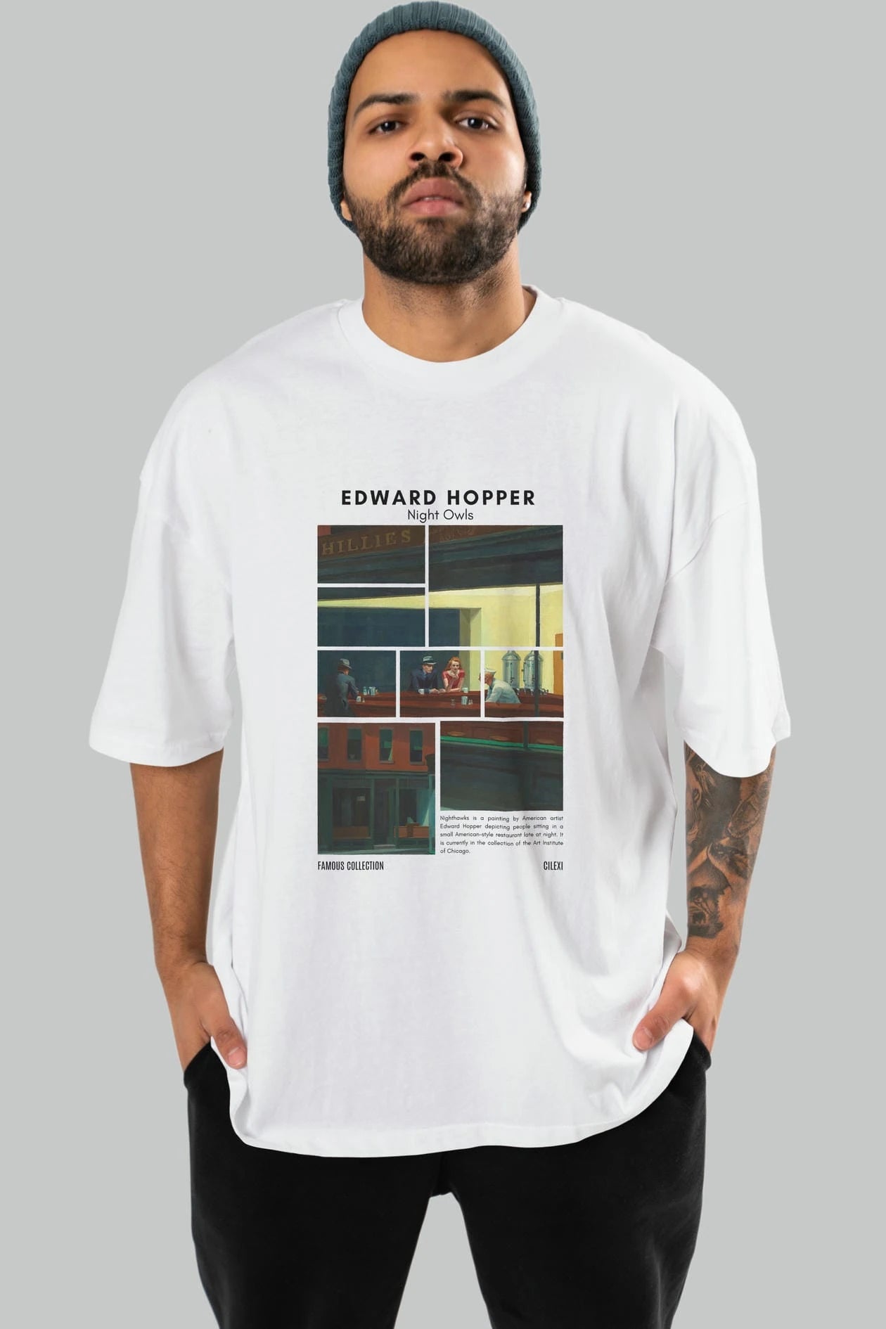 Edward Hopper Night Owls ön Baskılı Oversize t-shirt Erkek Kadın Bisiklet Yaka Pamuk tişort