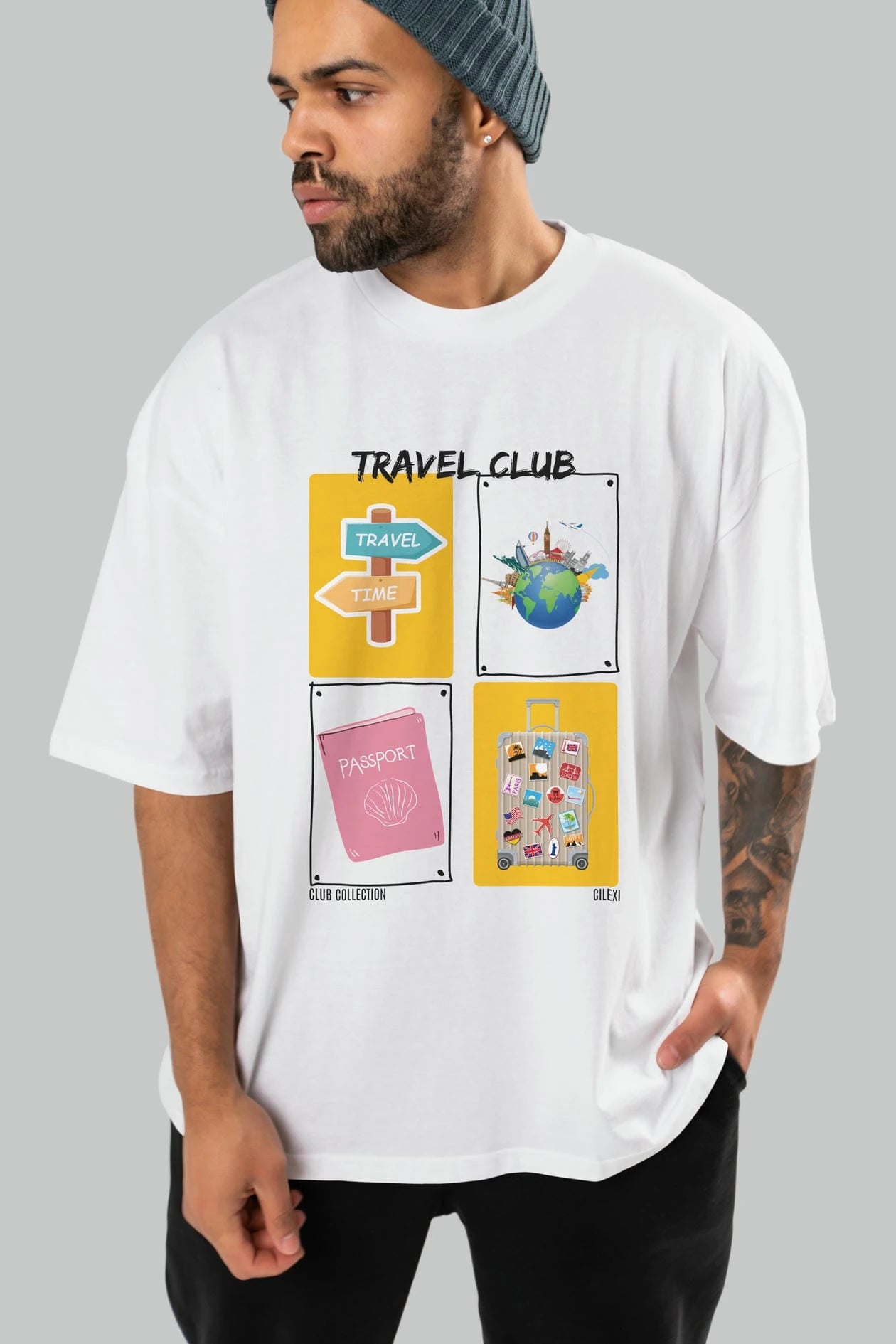 Travel Club ön Baskılı Oversize t-shirt Erkek Kadın %100 Pamuk Bisiklet Yaka tişort