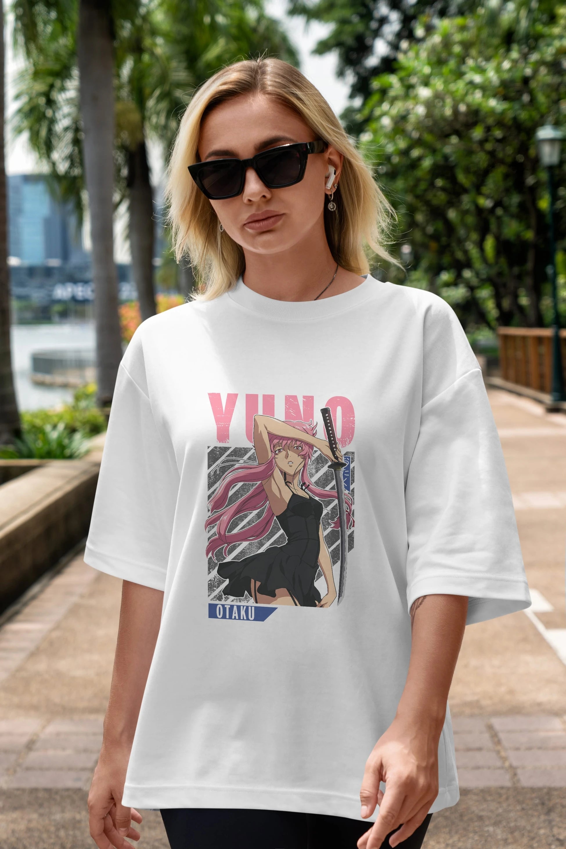 Yuno Gasai 5 Anime Ön Baskılı Oversize t-shirt %100 pamuk Erkek Kadın Unisex