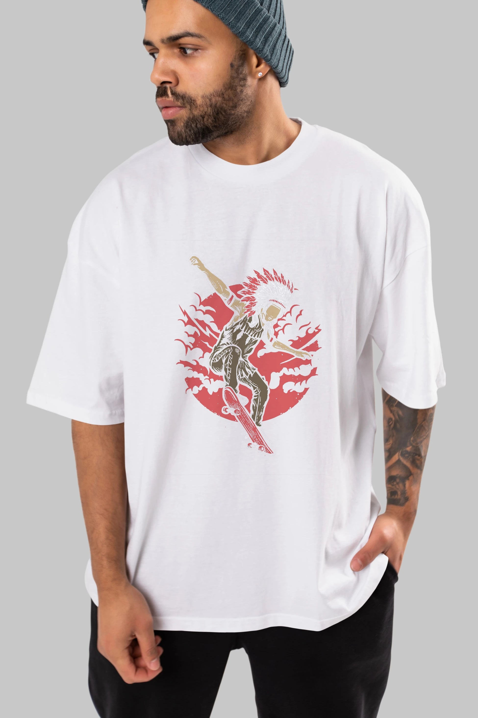 Indian Chief Skateboard Ön Baskılı Oversize t-shirt Erkek Kadın Unisex %100 Pamuk tişort