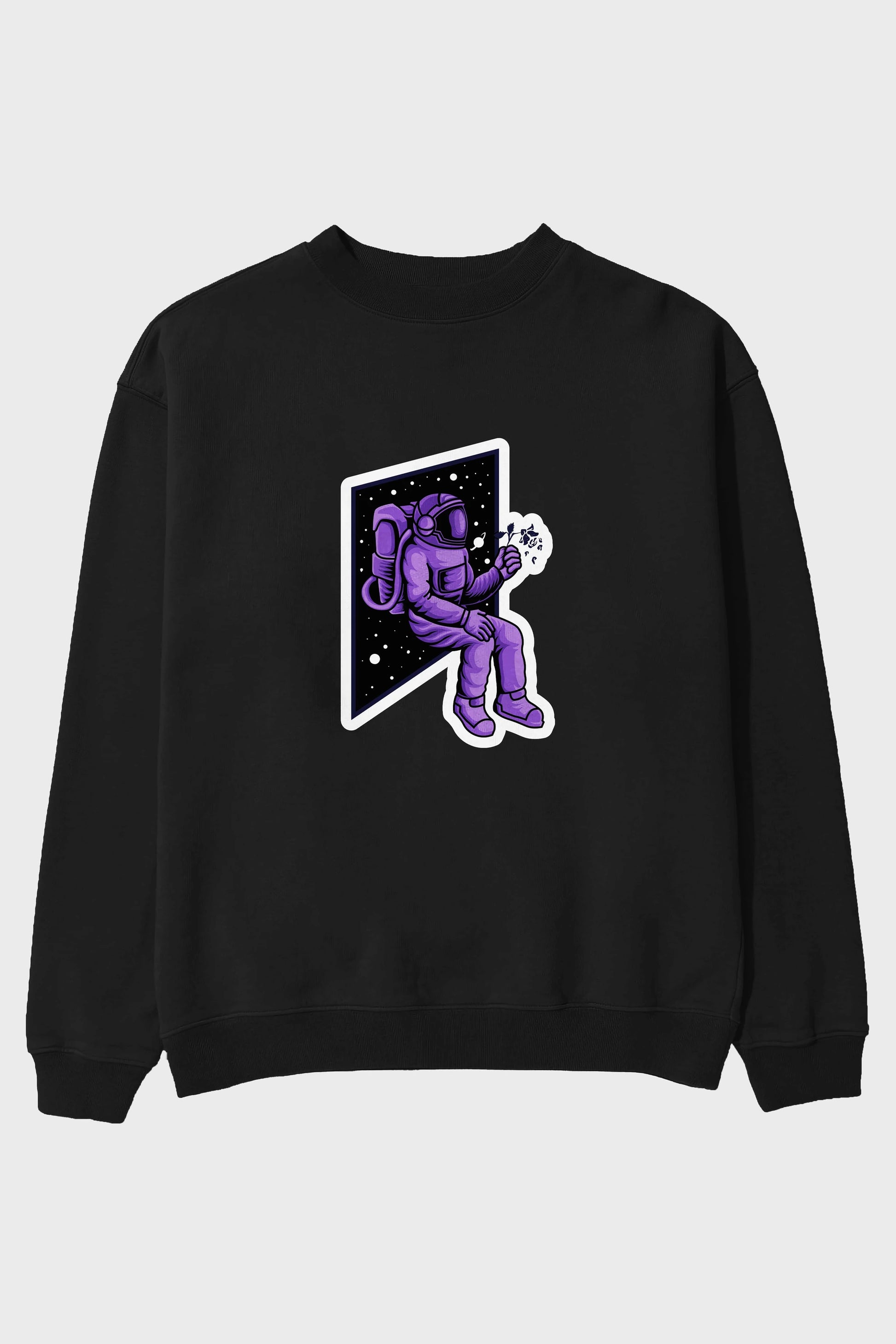 Astronaut holding black rose sticker Ön Baskılı Oversize Sweatshirt Erkek Kadın Unisex