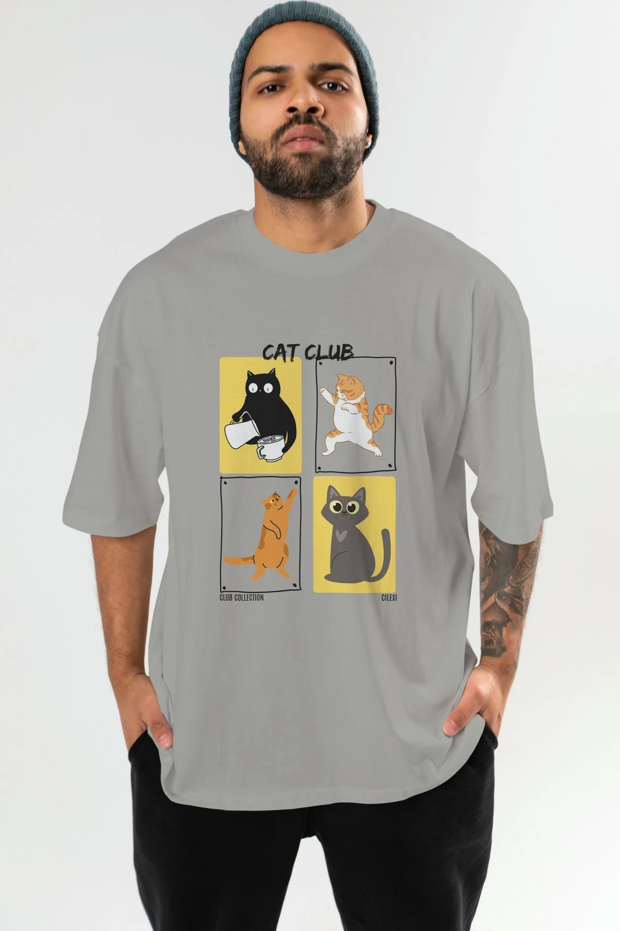 Cat Club ön Baskılı Oversize t-shirt Erkek Kadın %100 Pamuk Bisiklet Yaka tişort