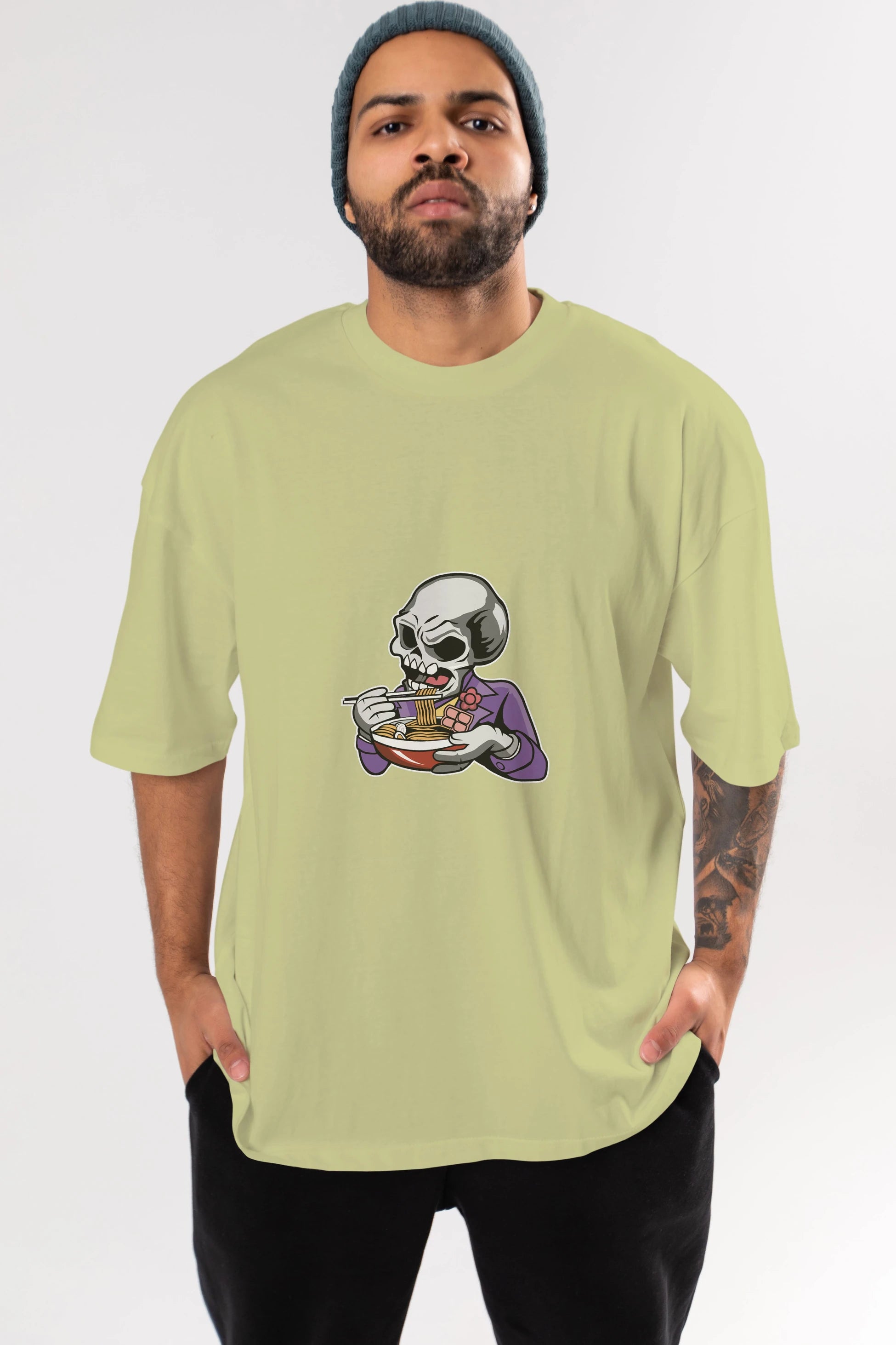 Skull Ramen Ön Baskılı Oversize t-shirt Erkek Kadın Unisex %100 Pamuk tişort