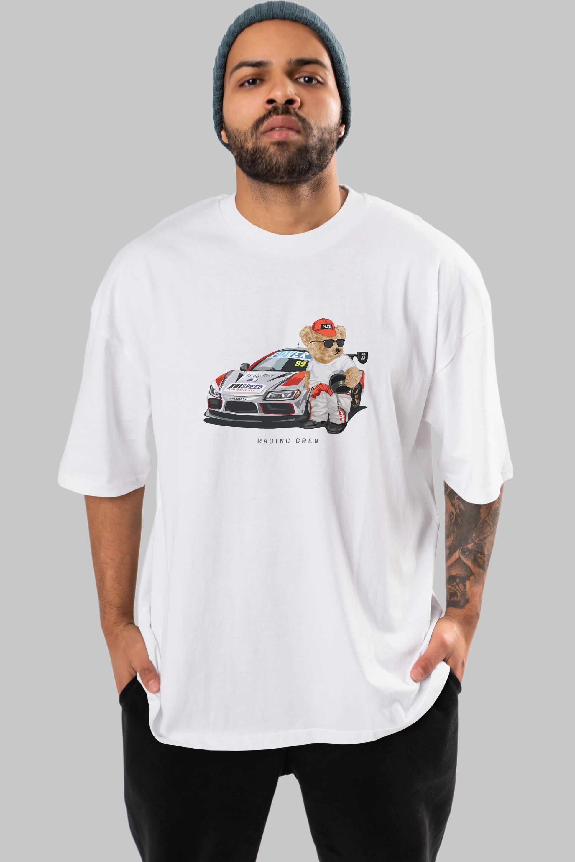 Teddy Bear Racing Crew Ön Baskılı Oversize t-shirt Erkek Kadın Unisex %100 Pamuk